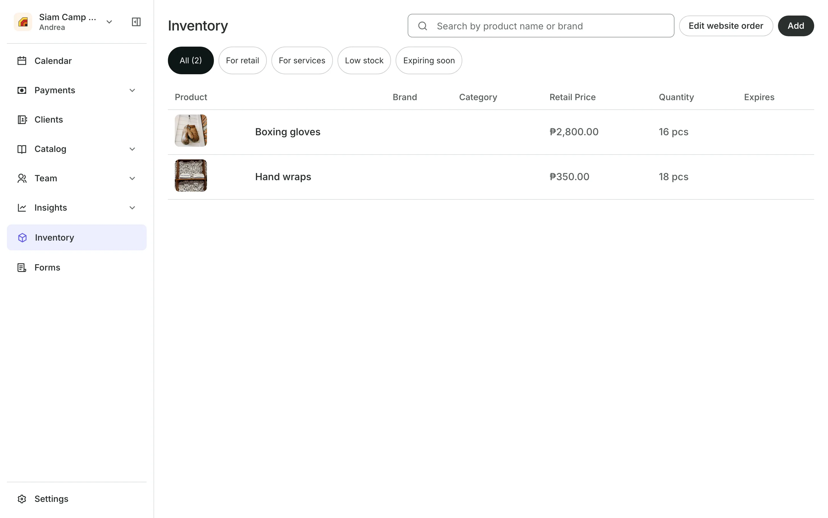 Inventory: each product and its stock