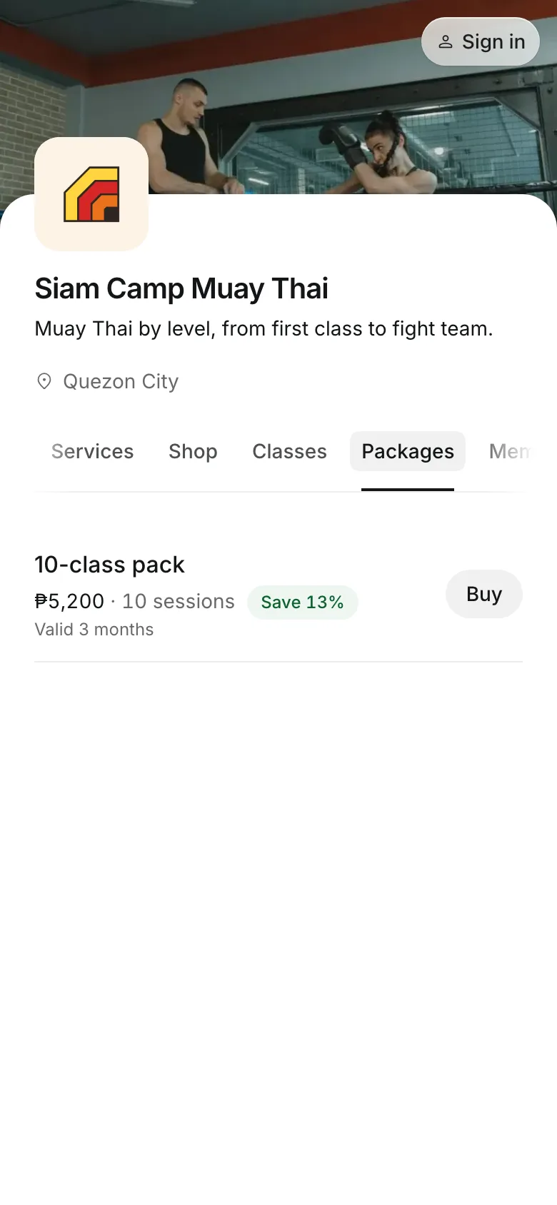 Packages and memberships on the booking page, on a phone