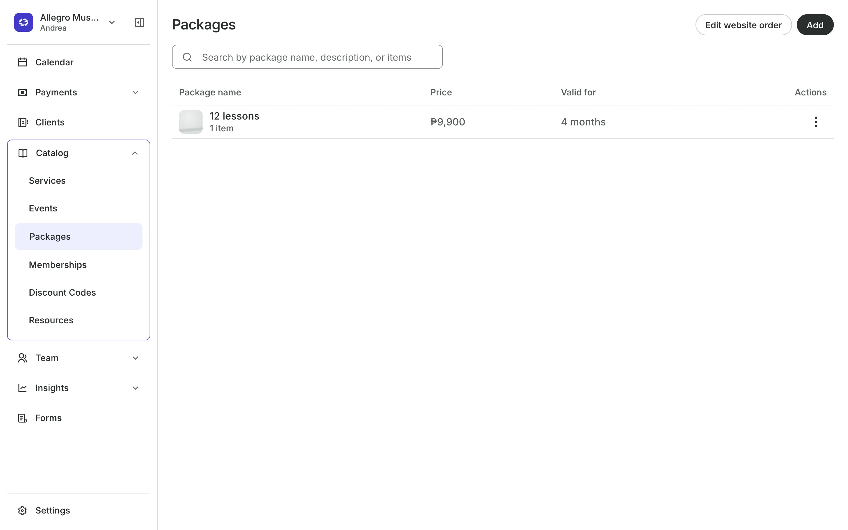 Packages for sale, each with its sessions and price