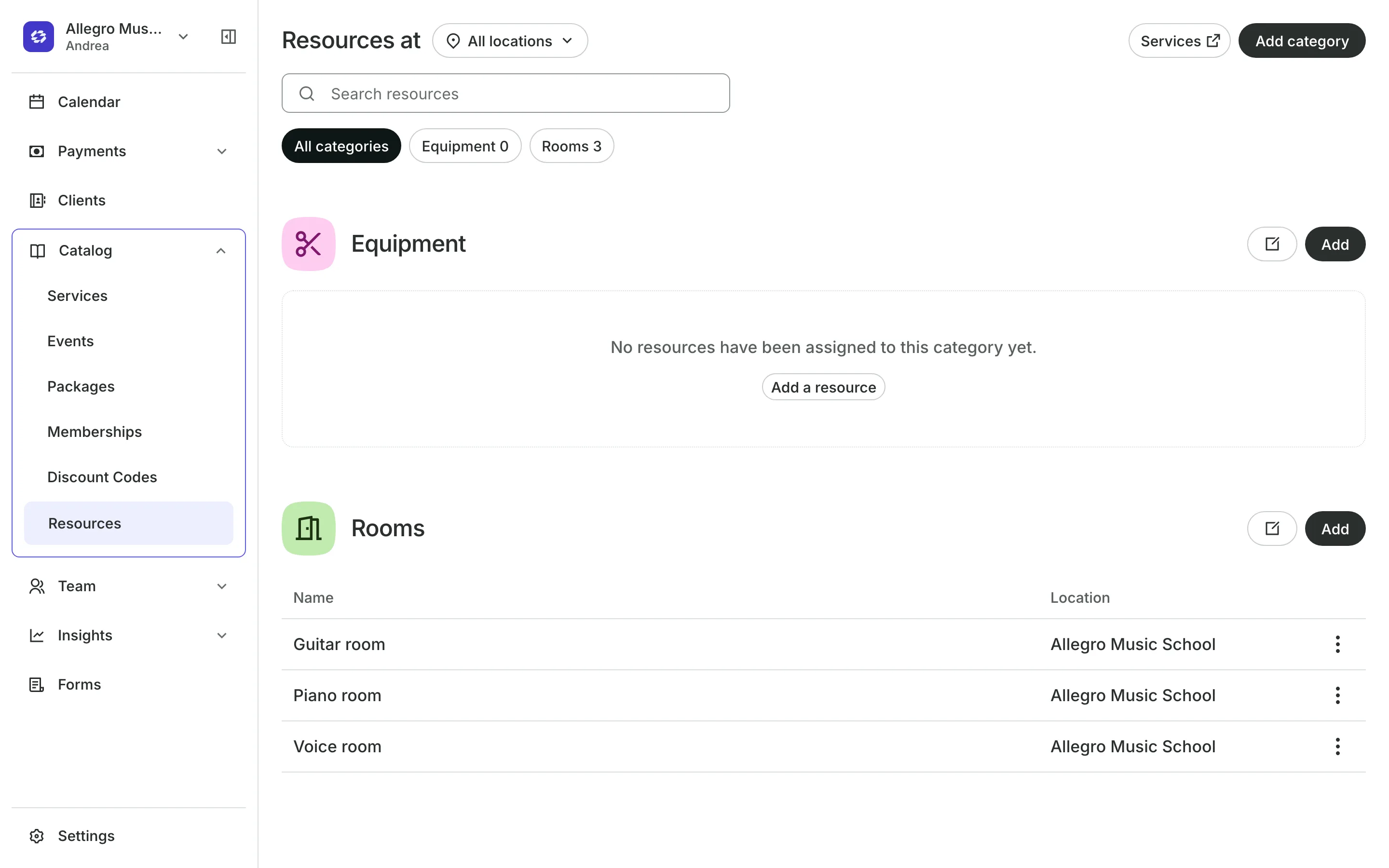 Rooms and equipment that services need