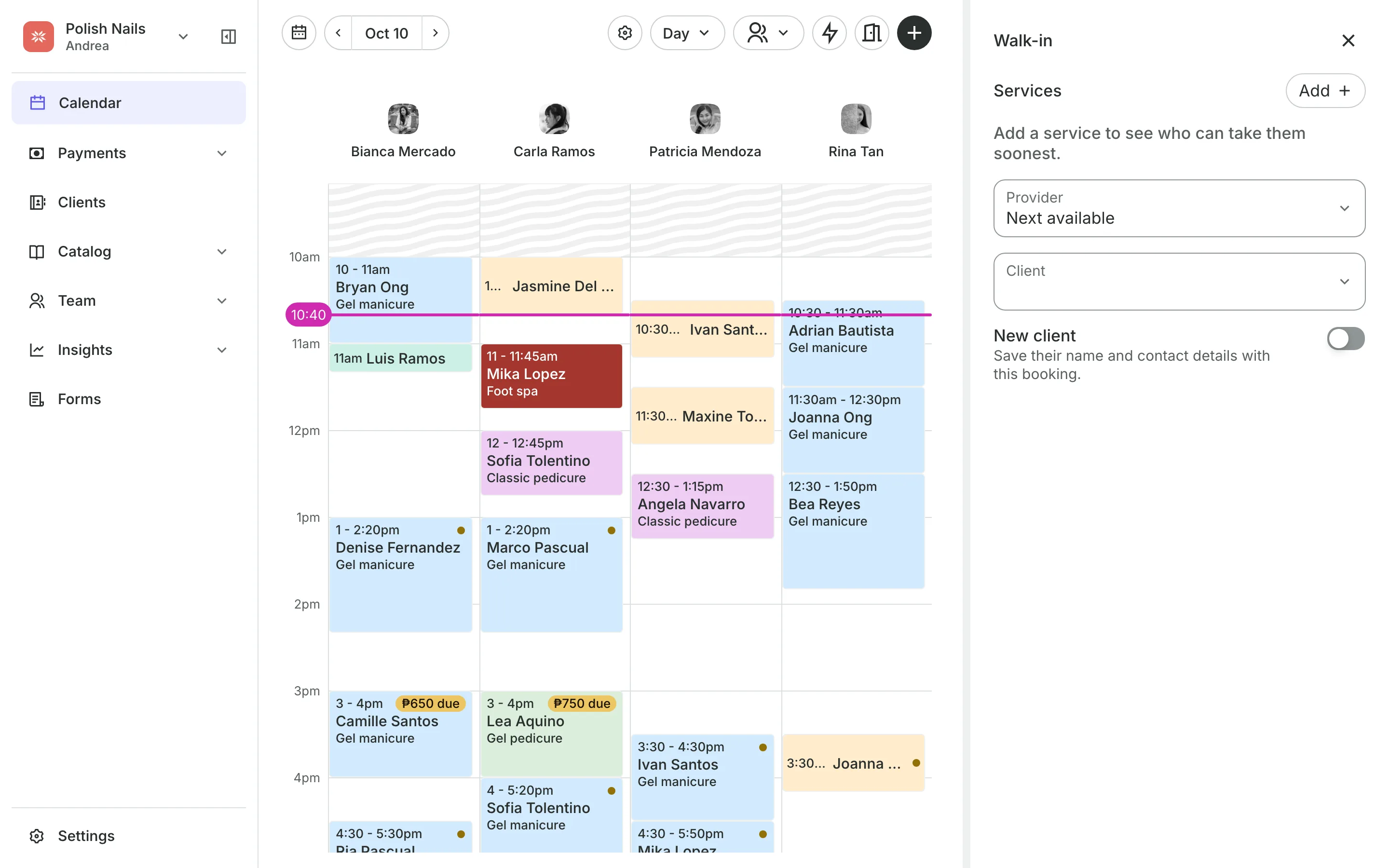 Adding a walk-in from the calendar, with each person's next free time