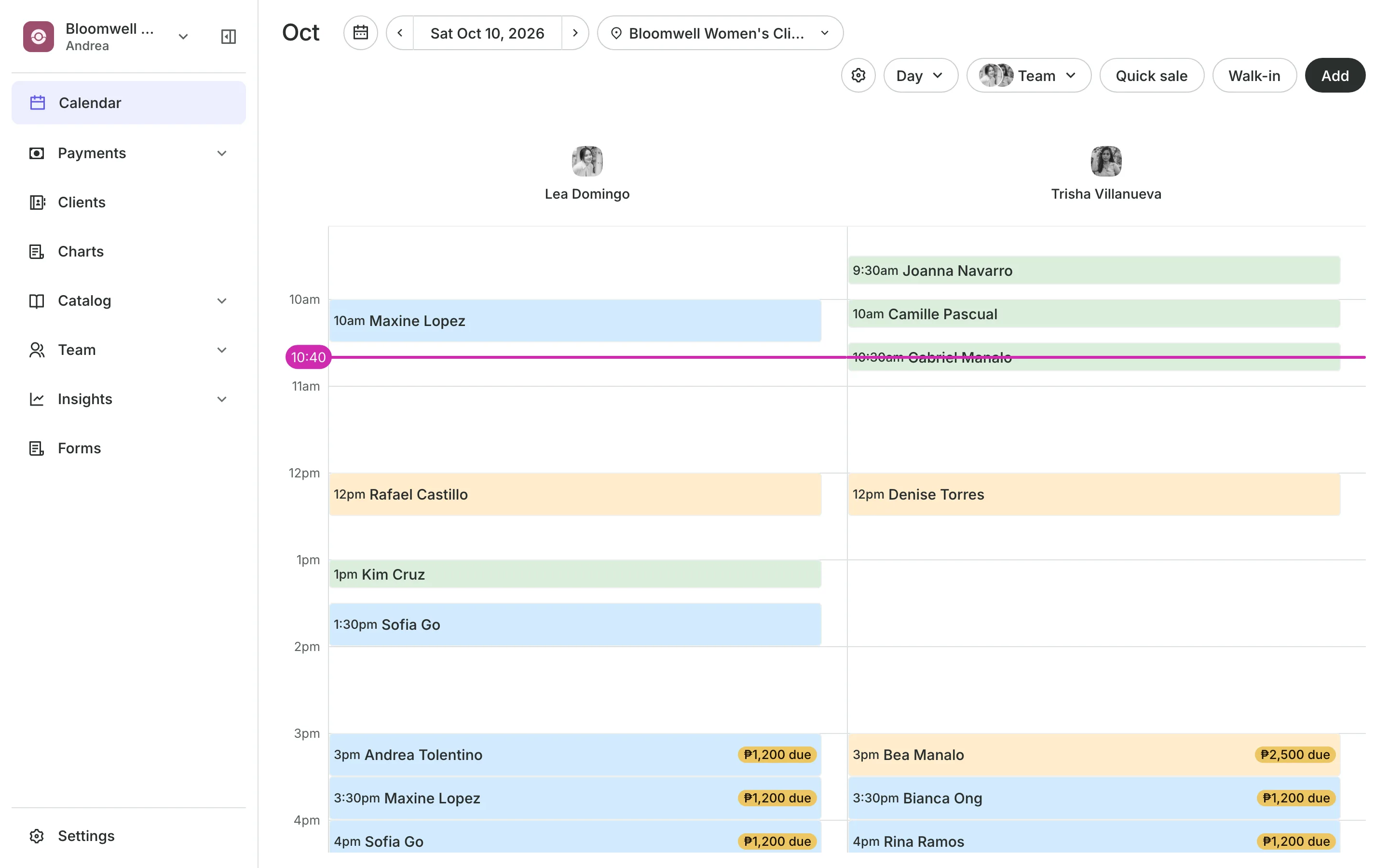 The calendar in day view: the team's columns and the day's bookings