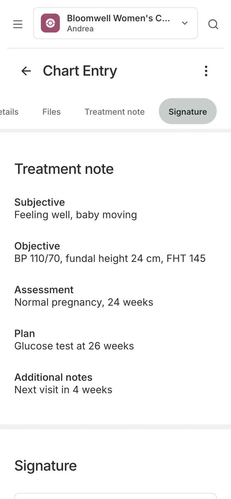 A signed chart entry on a phone: the treatment note, section by section