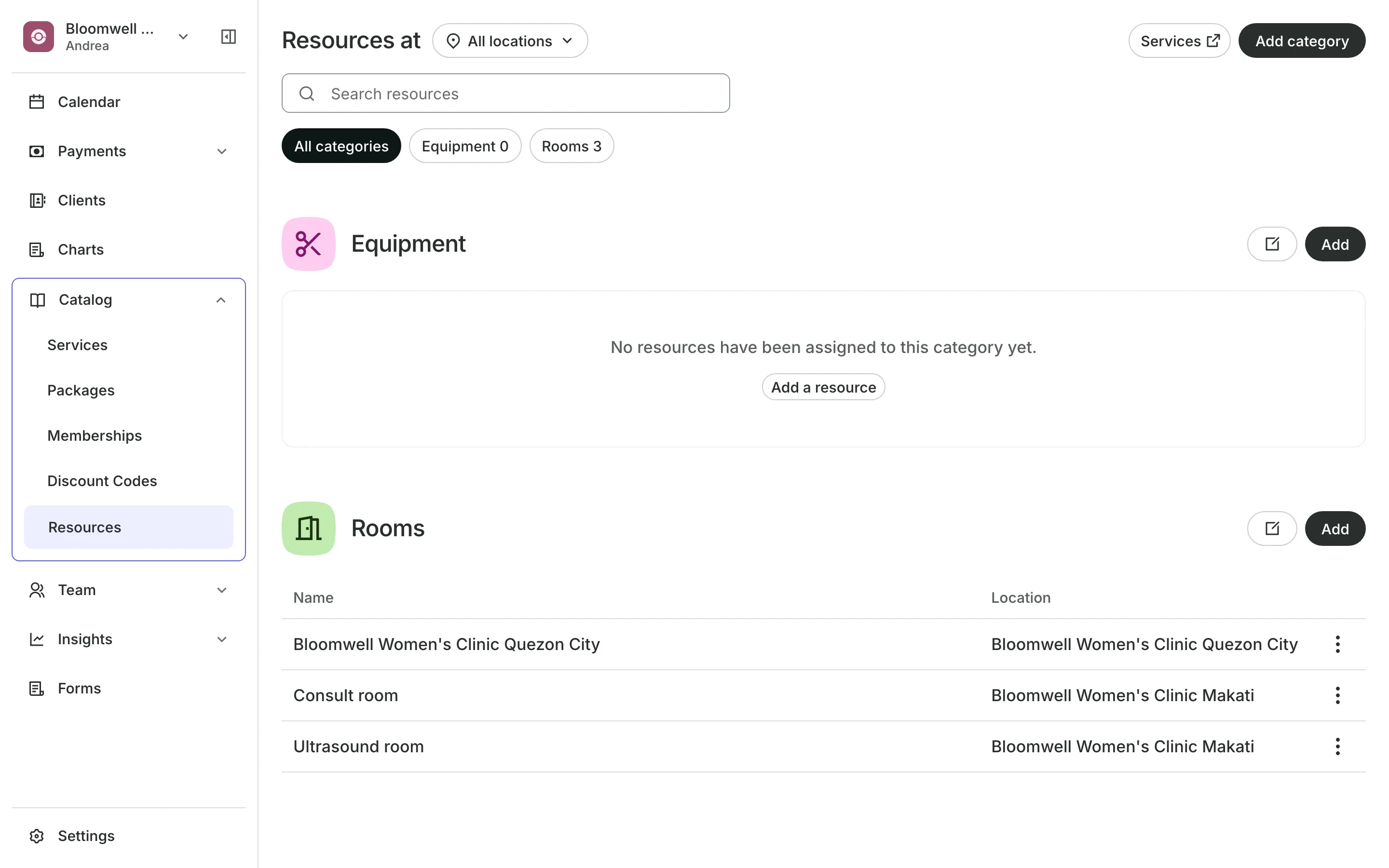 Rooms and equipment that services need