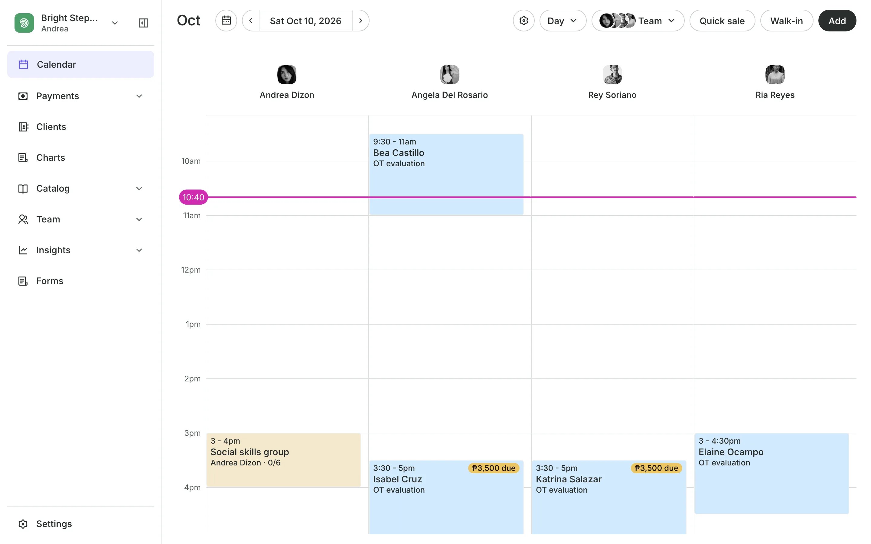 The calendar in day view: the team's columns and the day's bookings