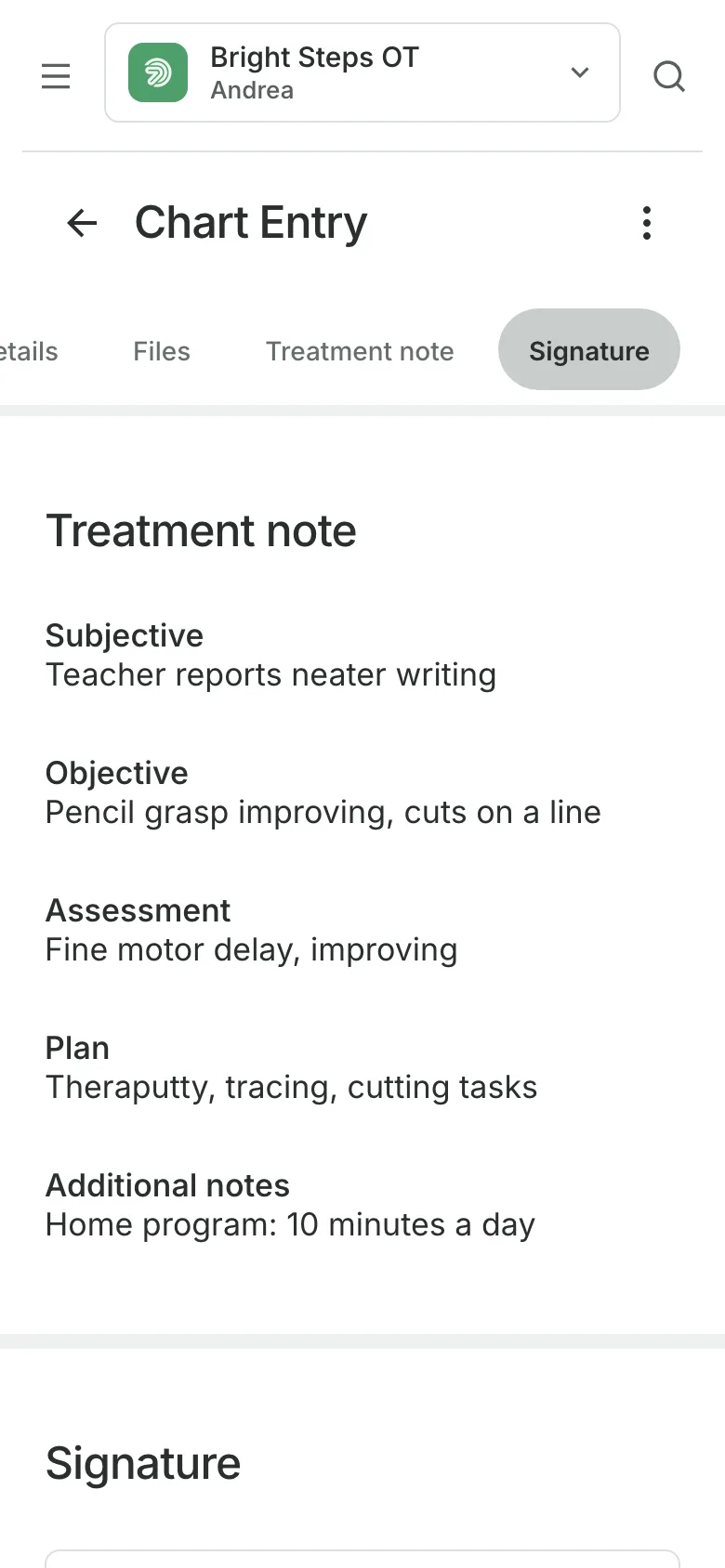 A signed chart entry on a phone: the treatment note, section by section