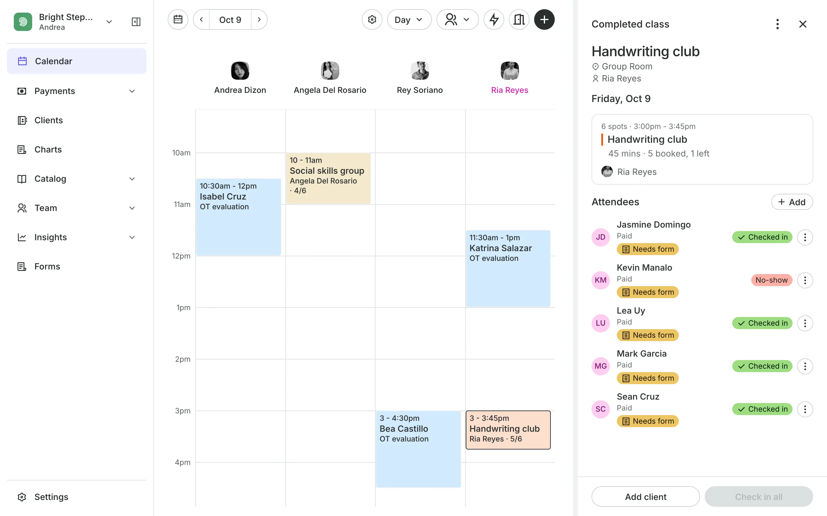 A class open from the calendar: who is booked, how each pays, and Check in all