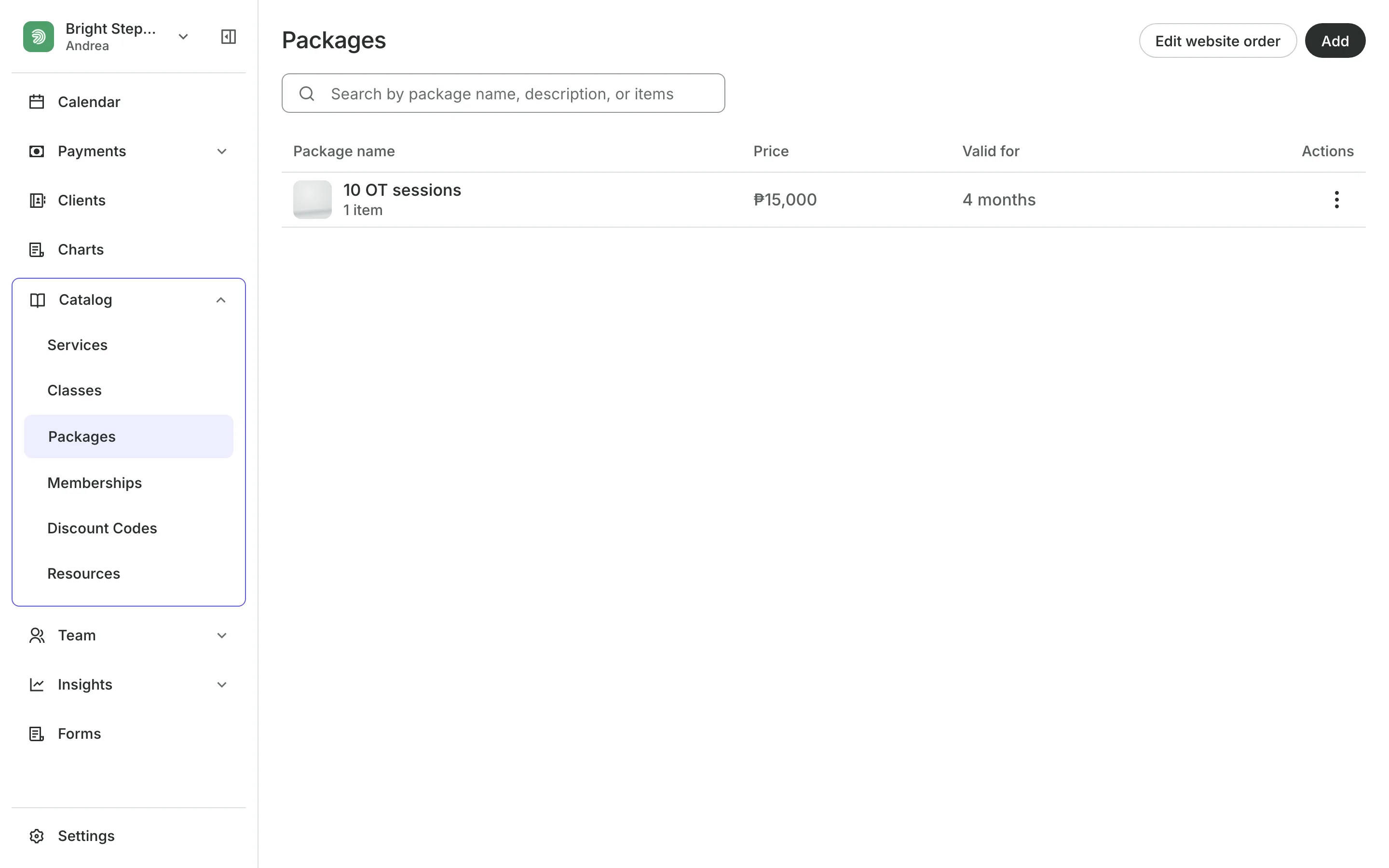 Packages for sale, each with its sessions and price