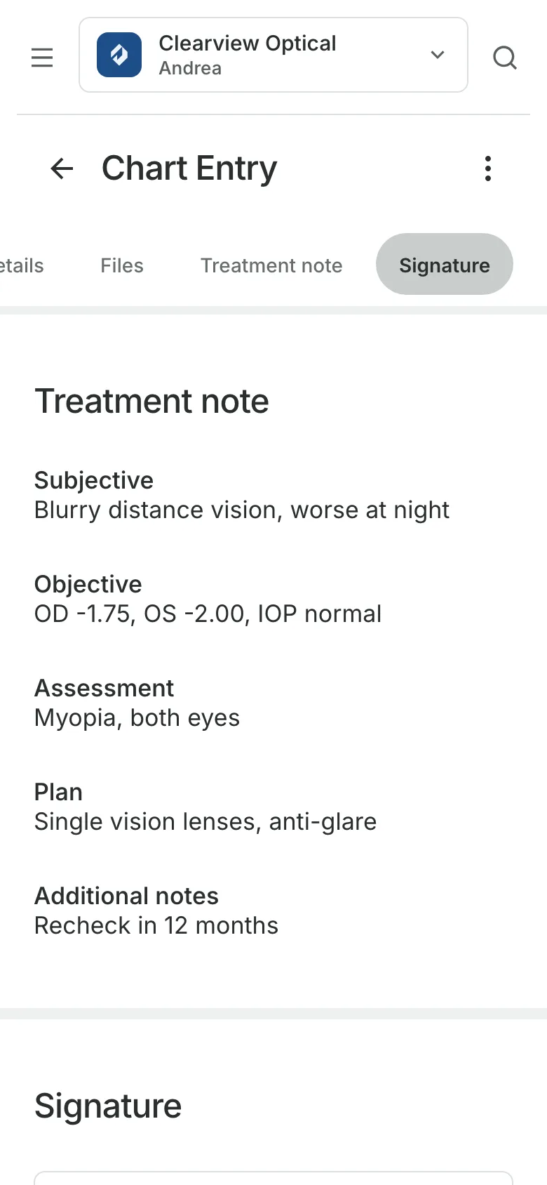 A signed chart entry on a phone: the treatment note, section by section