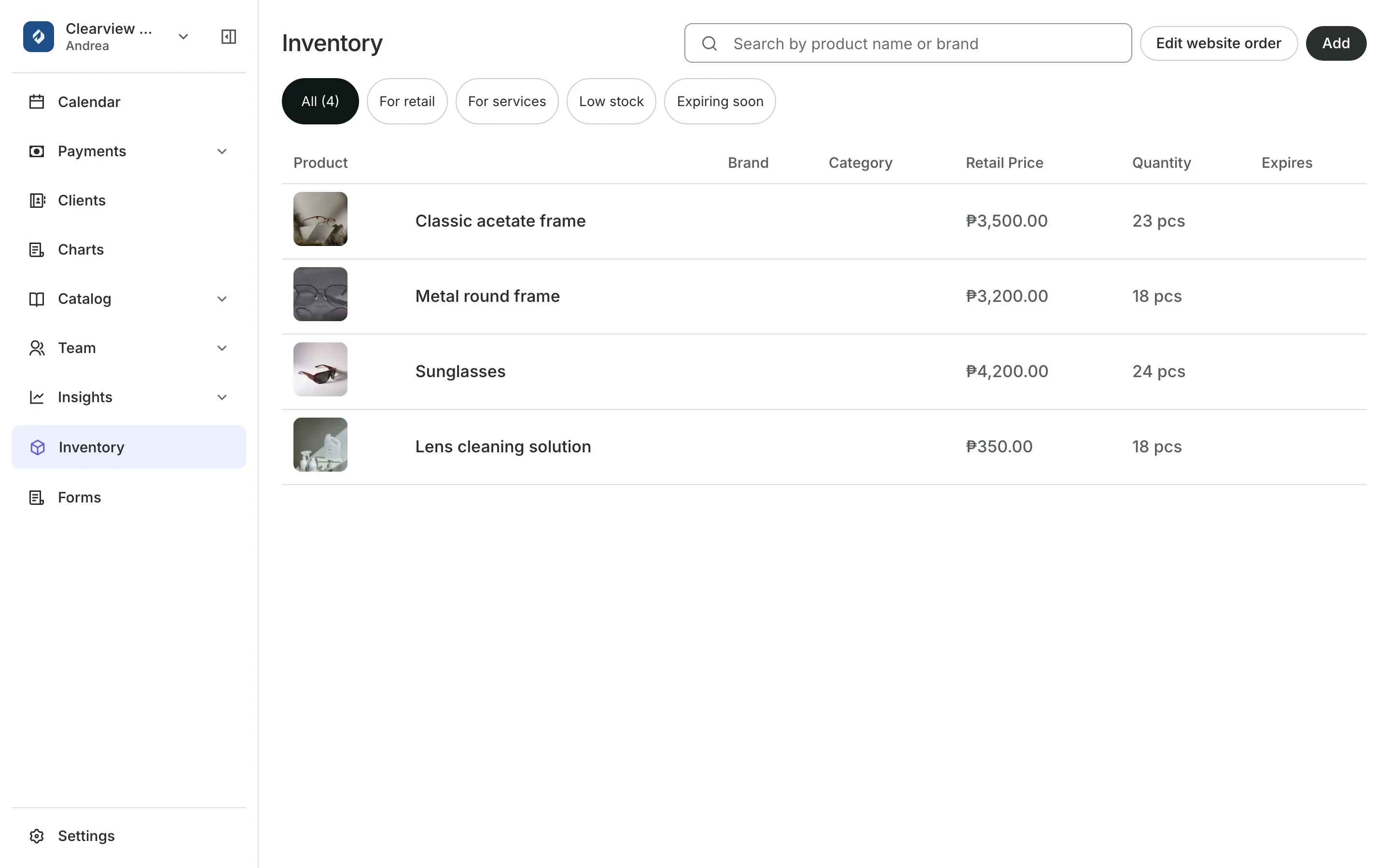 Inventory: each product and its stock
