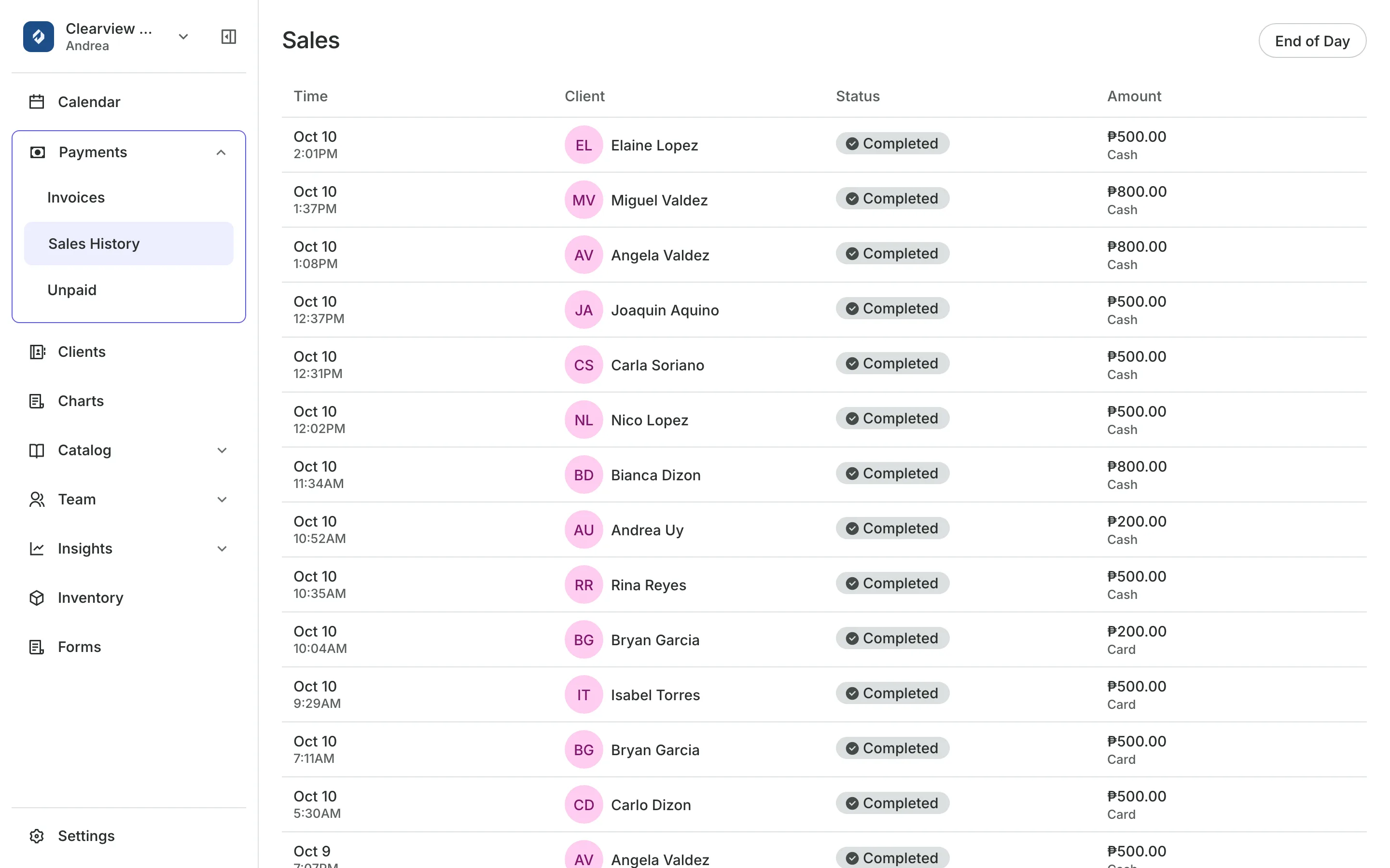 Sales history: every sale and how it was paid