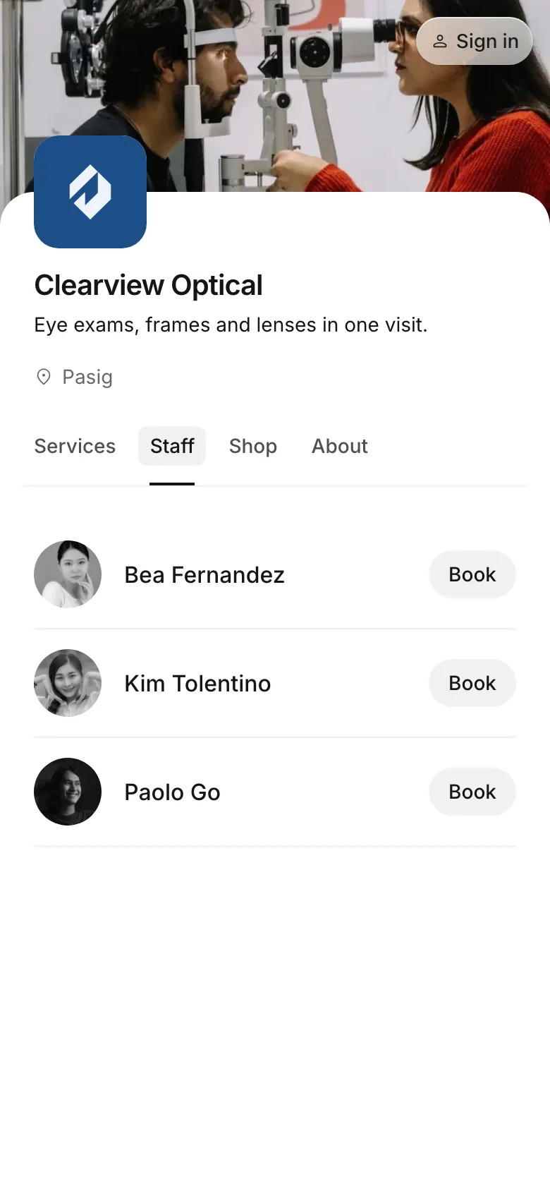 The team on the booking page, on a phone