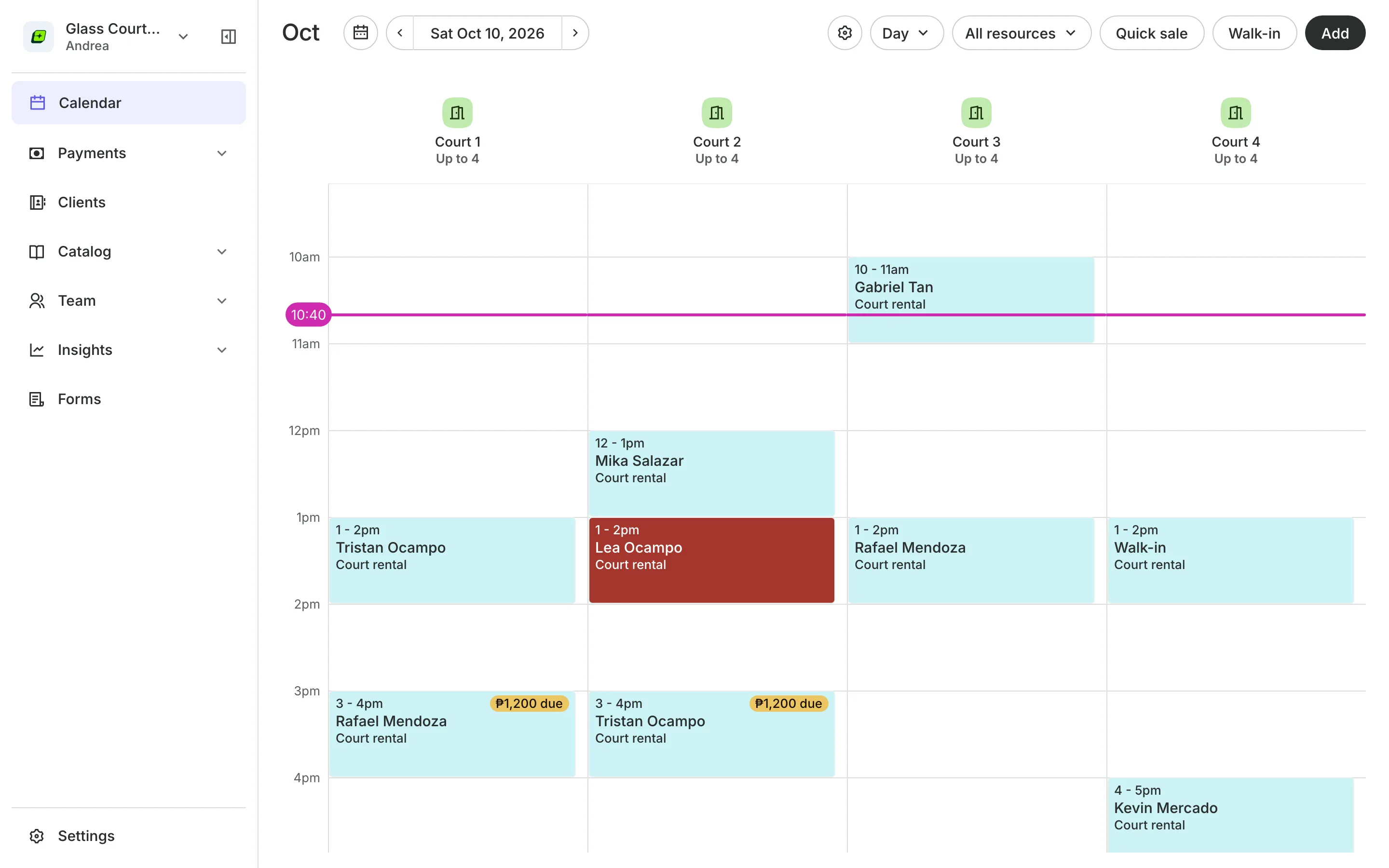 The calendar in day view: the team's columns and the day's bookings