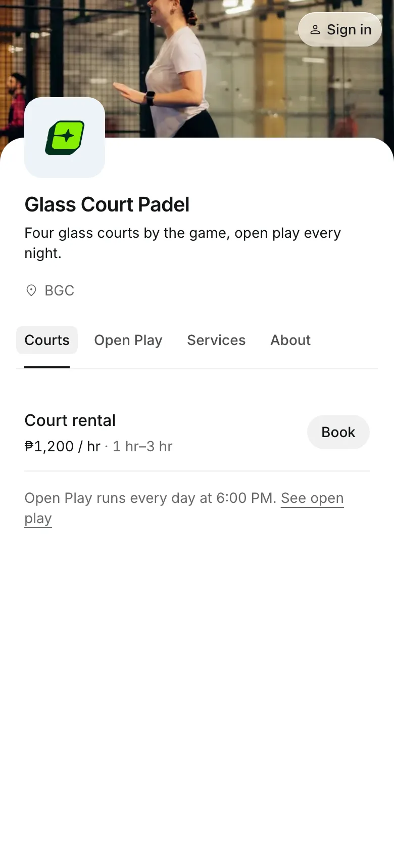 The business's booking page on a phone