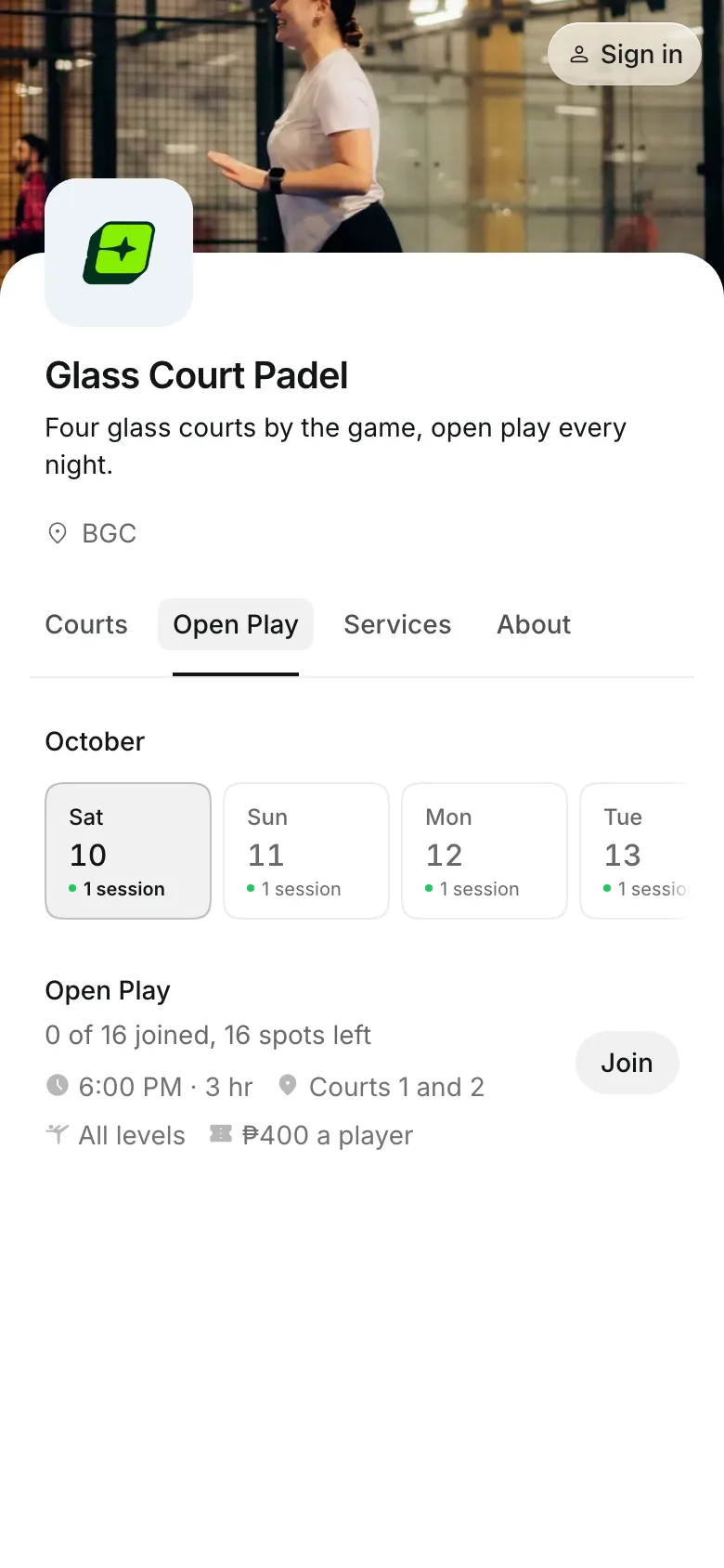 Open play sessions on the booking page, on a phone