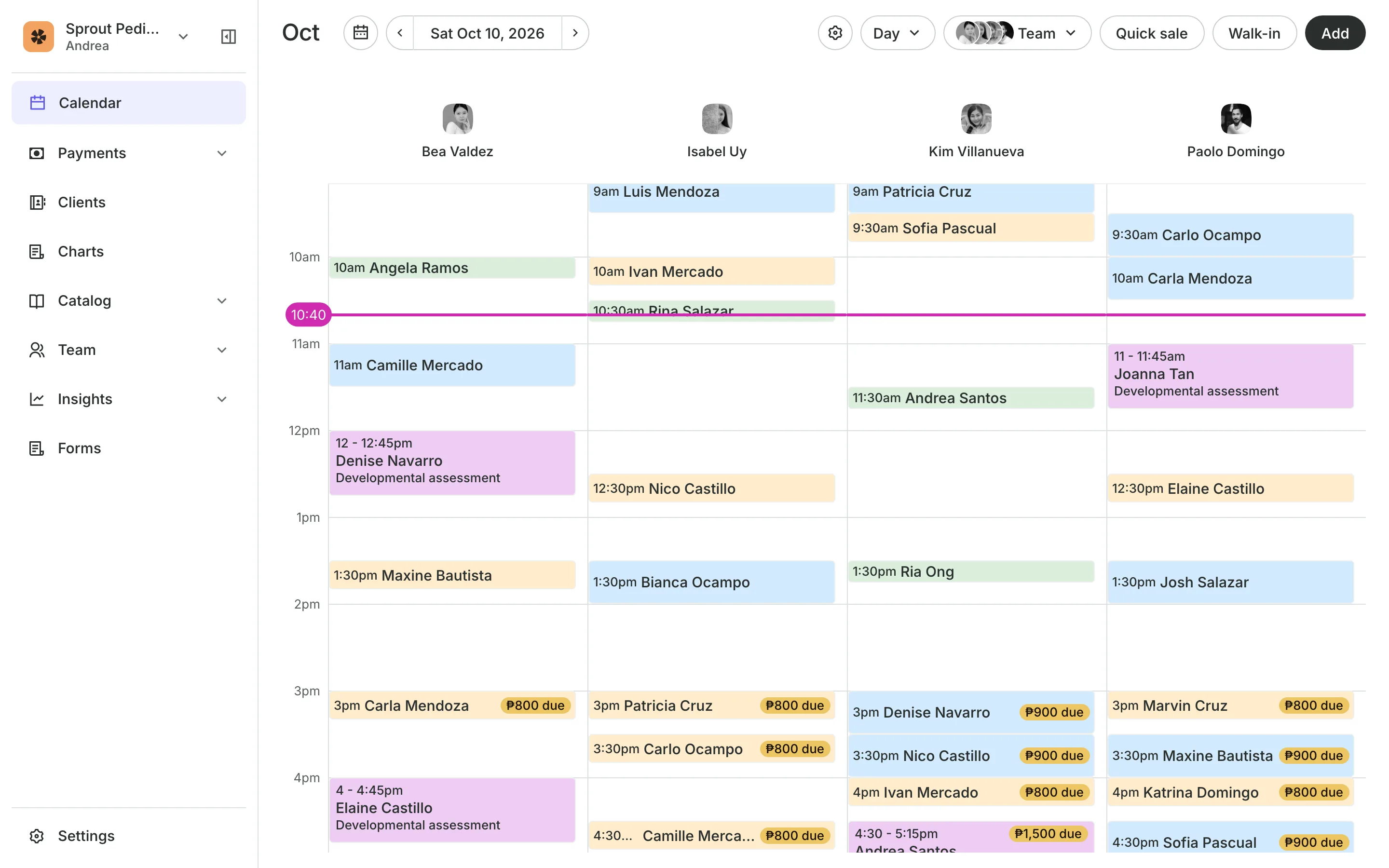 The calendar in day view: the team's columns and the day's bookings
