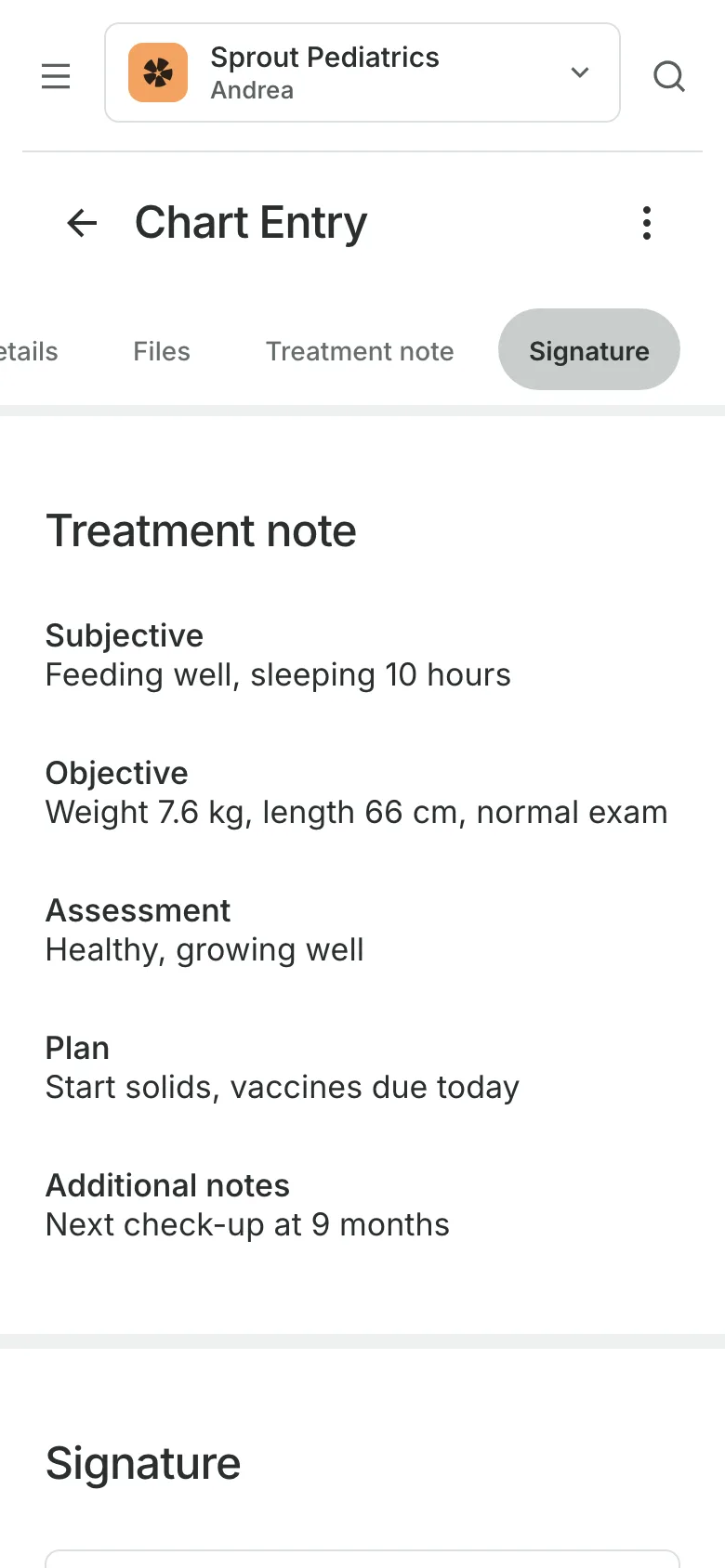 A signed chart entry on a phone: the treatment note, section by section