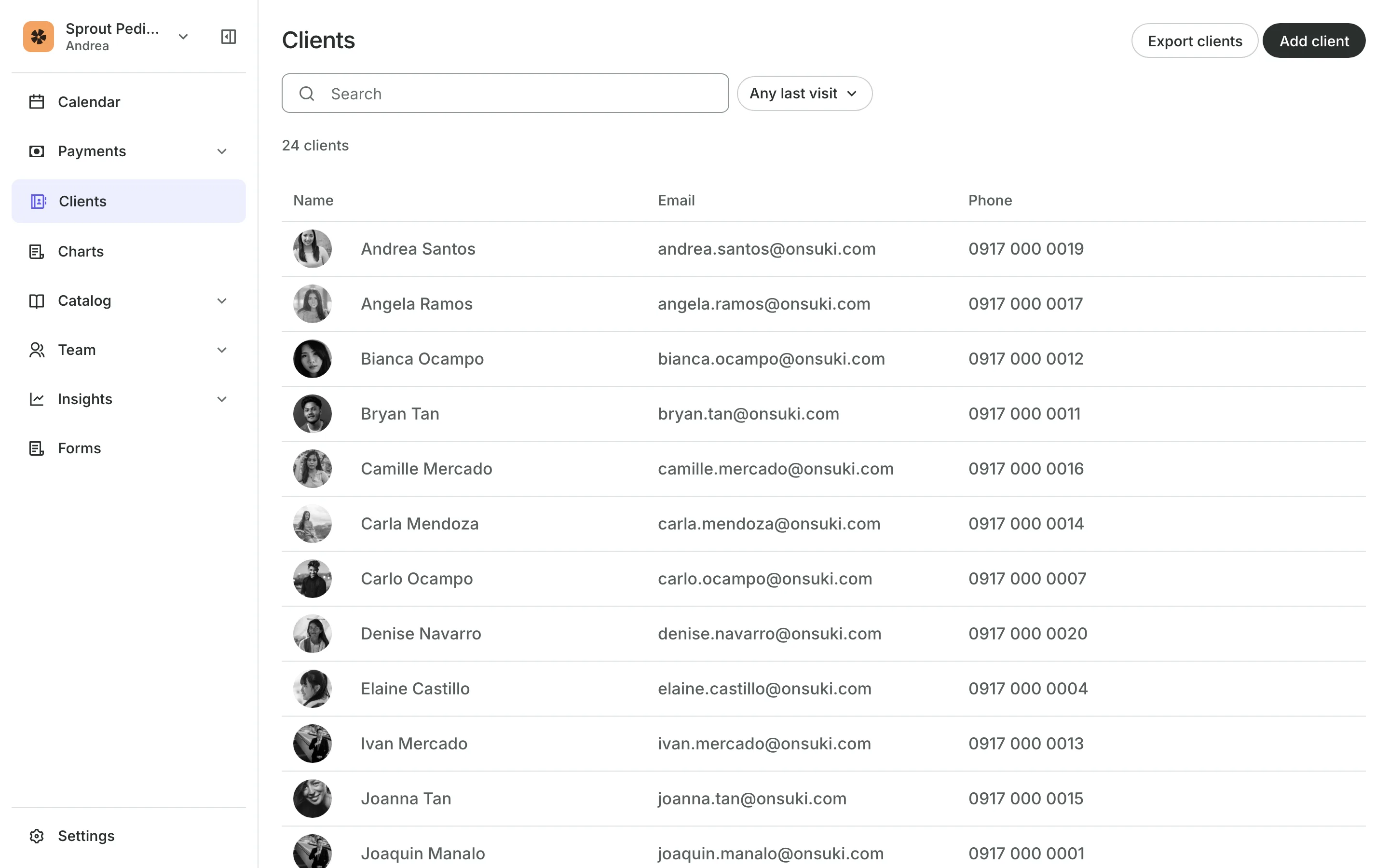 The client list with each client's email and phone
