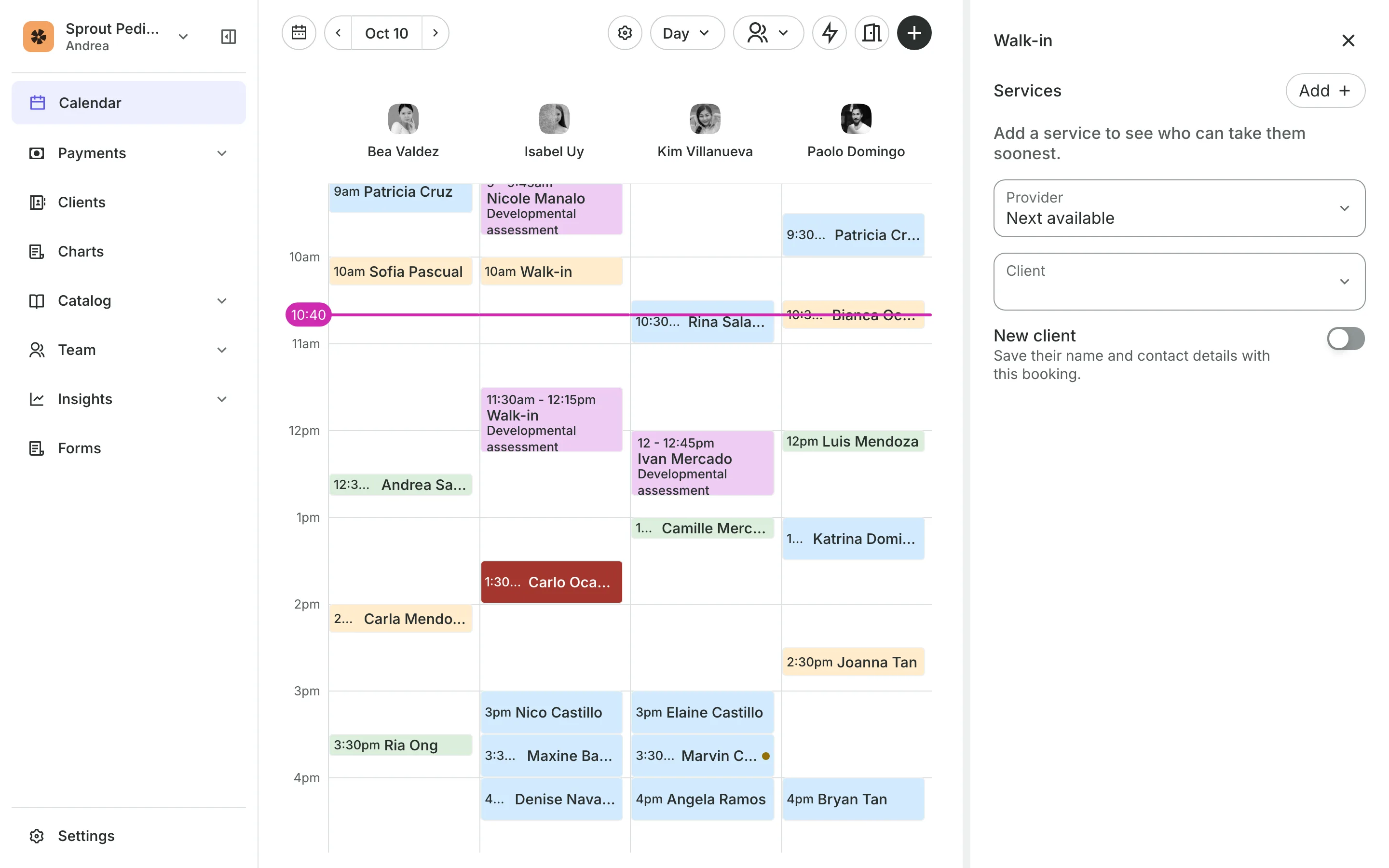 Adding a walk-in from the calendar, with each person's next free time