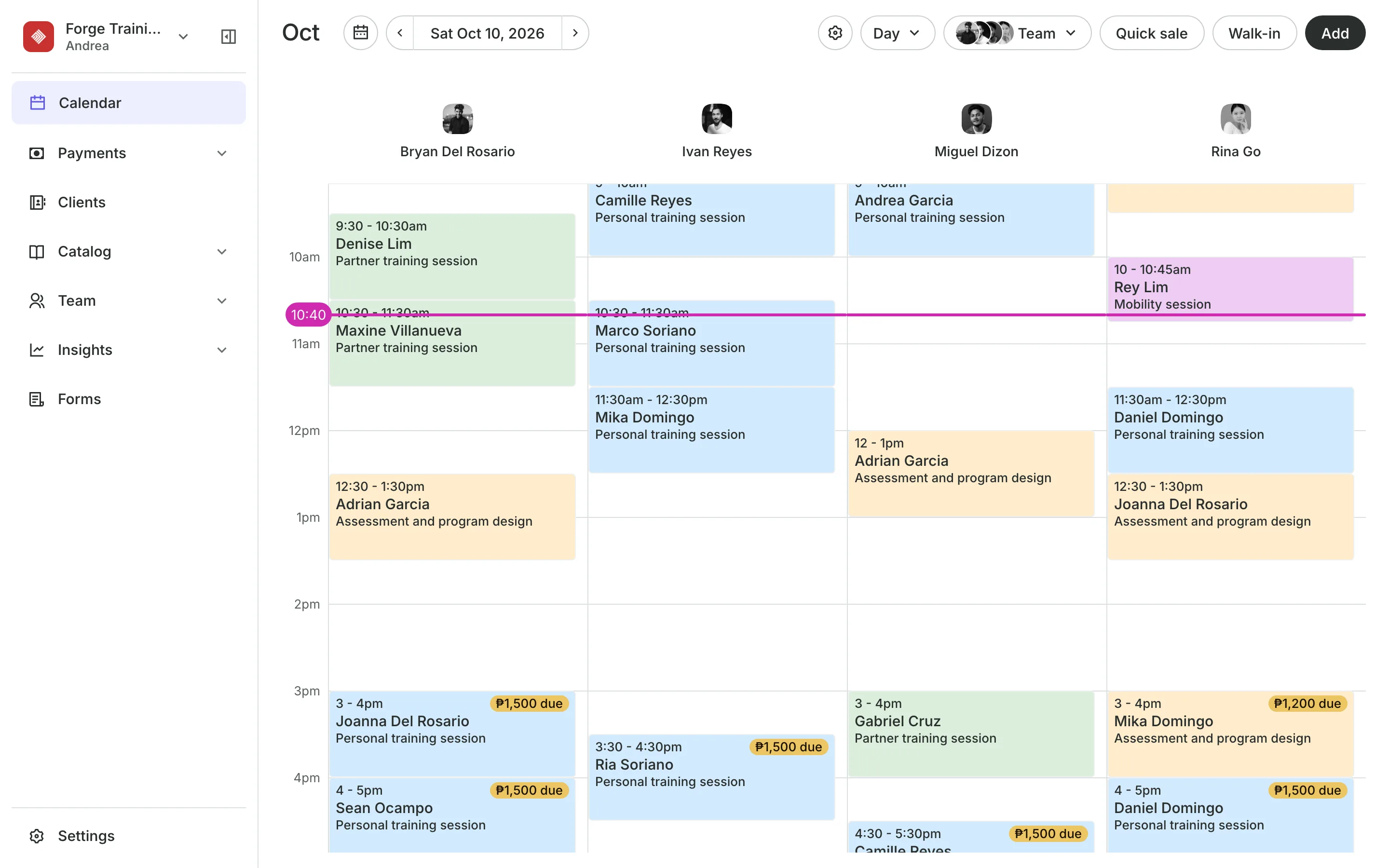 The calendar in day view: the team's columns and the day's bookings