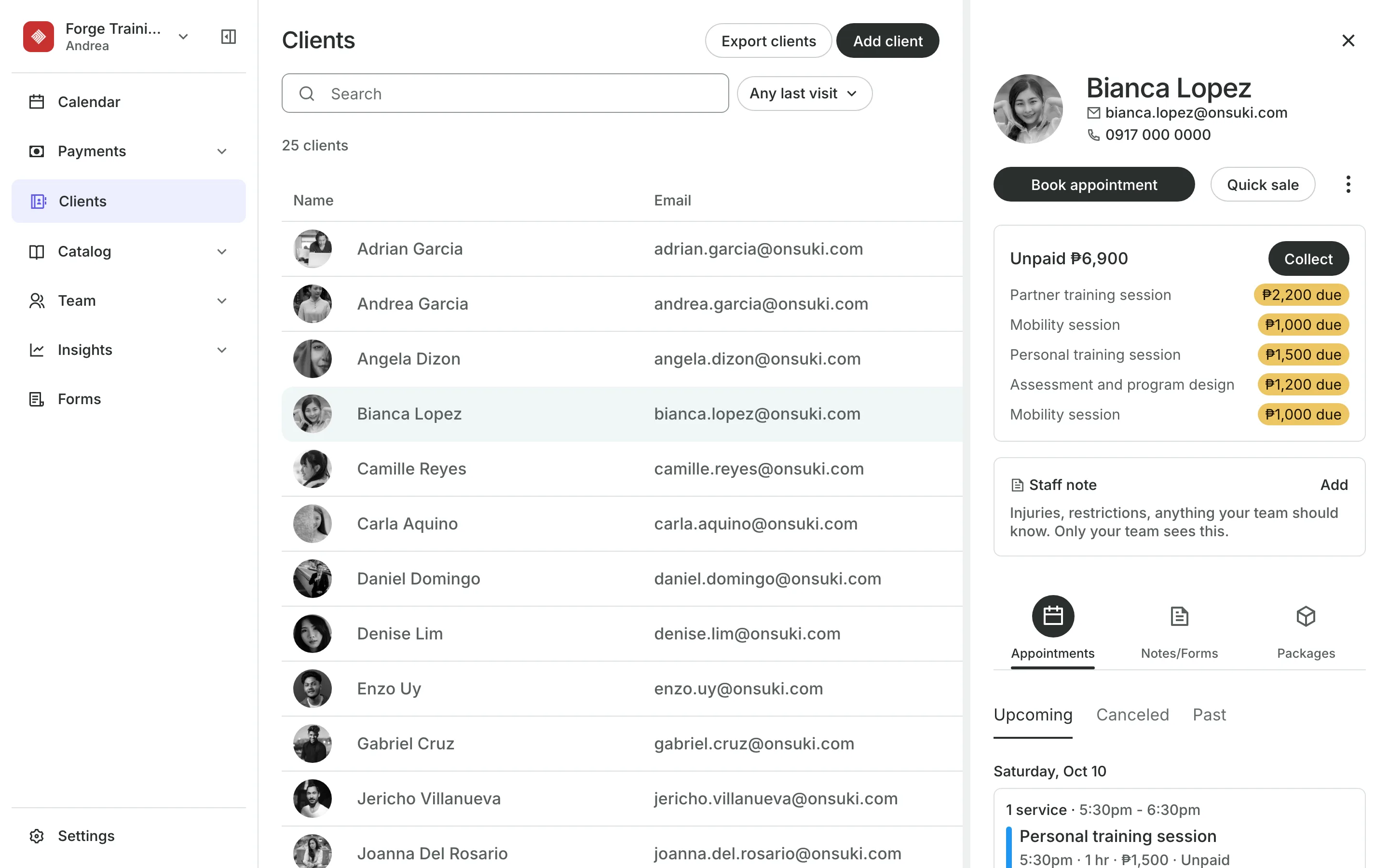 A client's profile: contact details, a staff note and their bookings