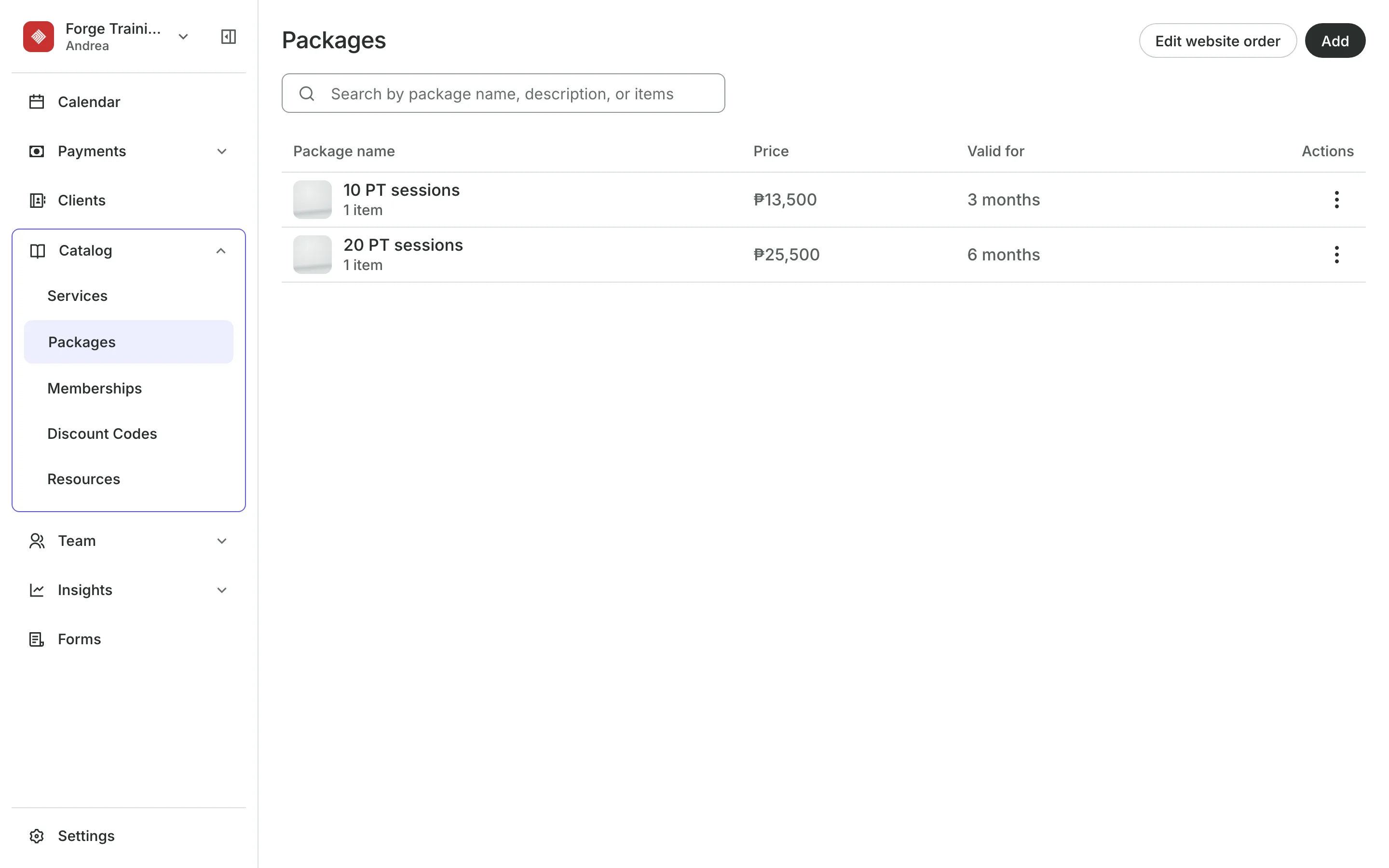 Packages for sale, each with its sessions and price