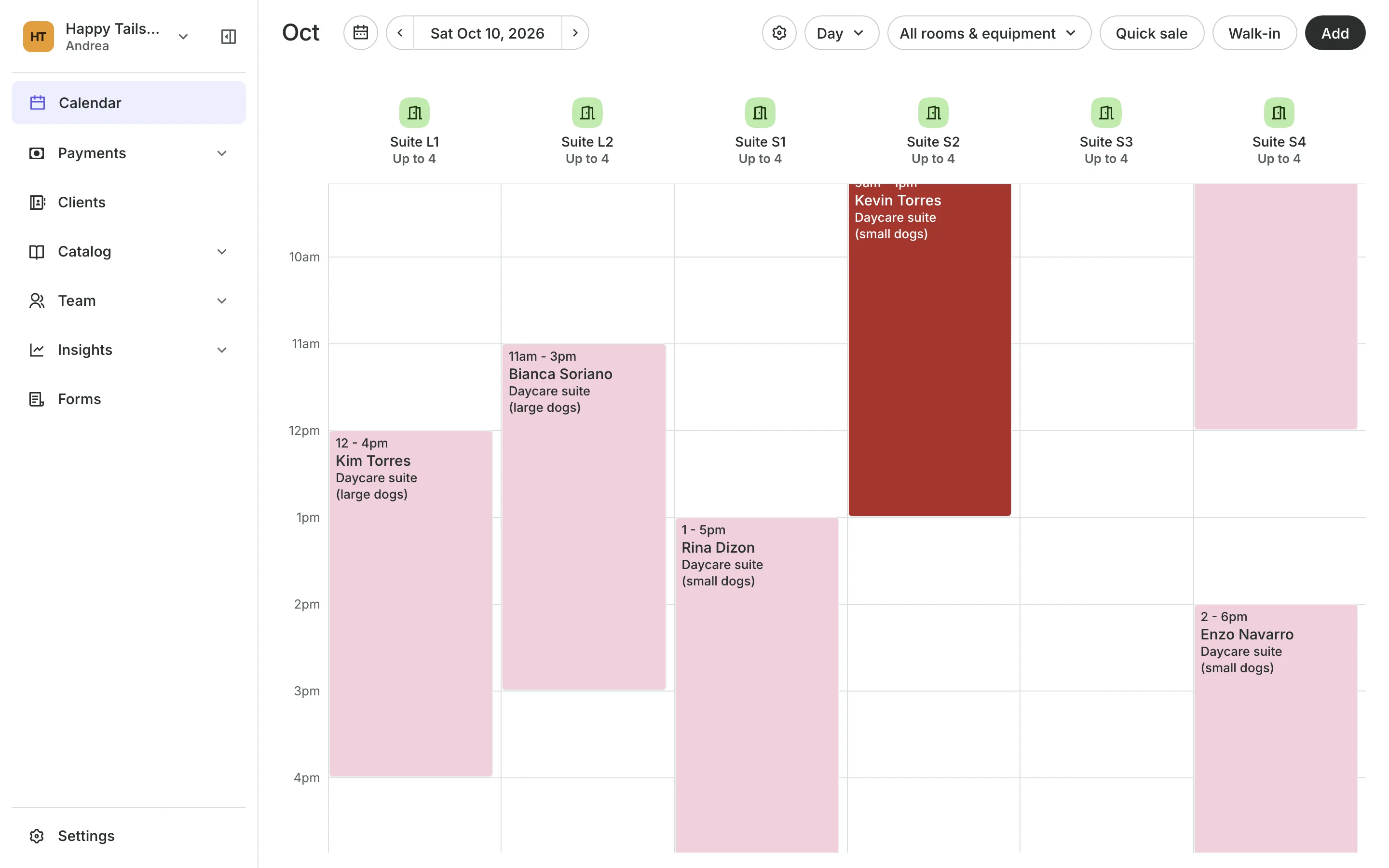The calendar in day view: the team's columns and the day's bookings