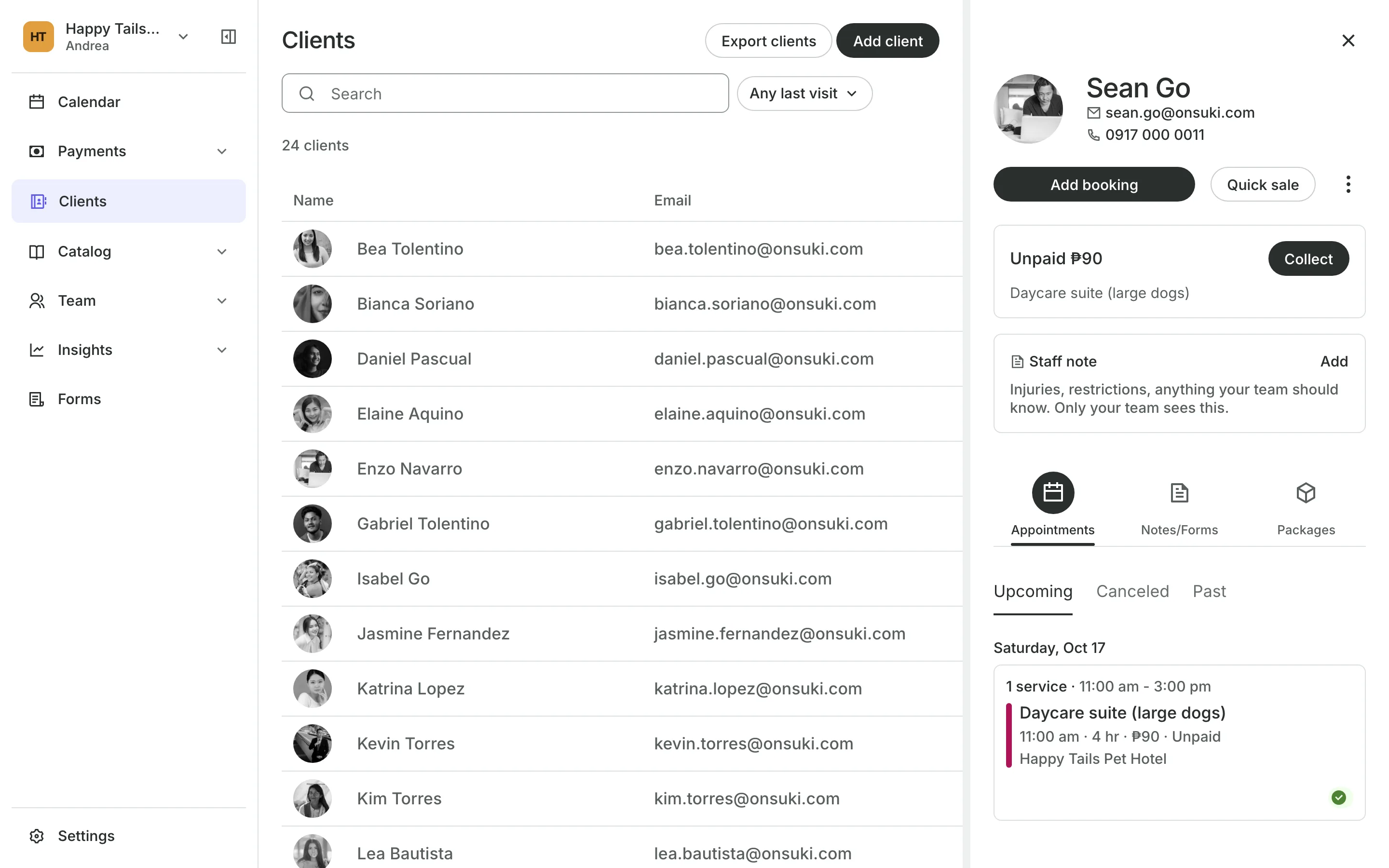 A client's profile: contact details, a staff note and their bookings