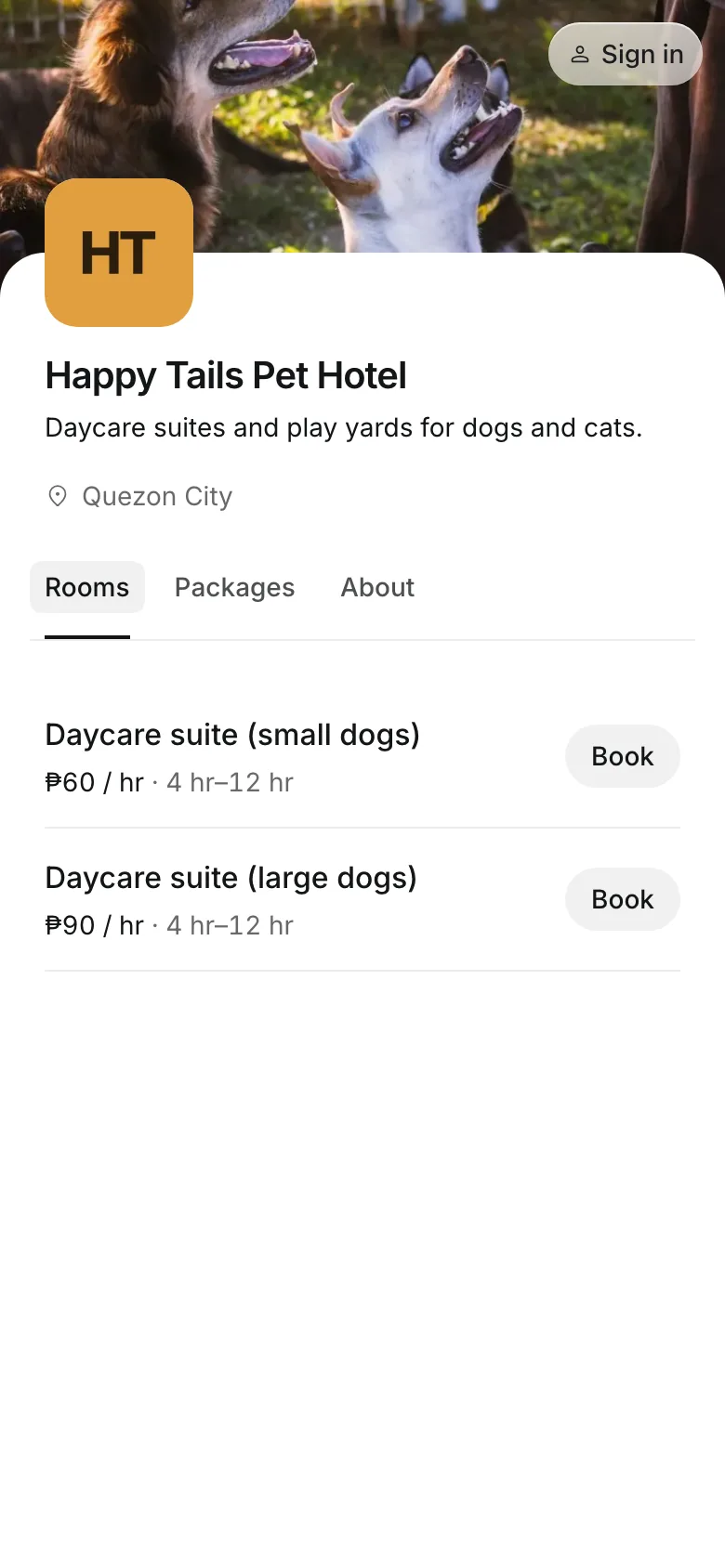 The business's booking page on a phone