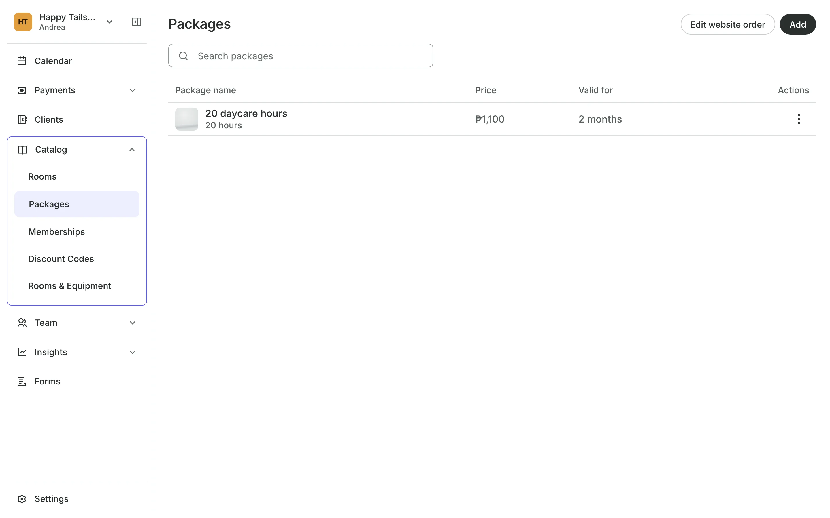 Packages for sale, each with its sessions and price