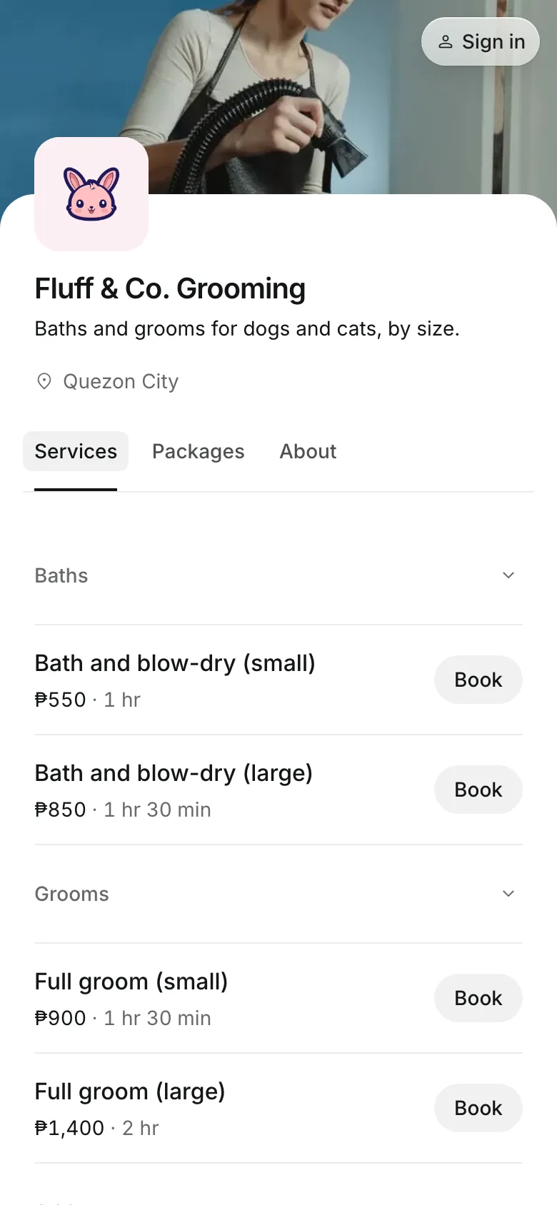 The business's booking page on a phone