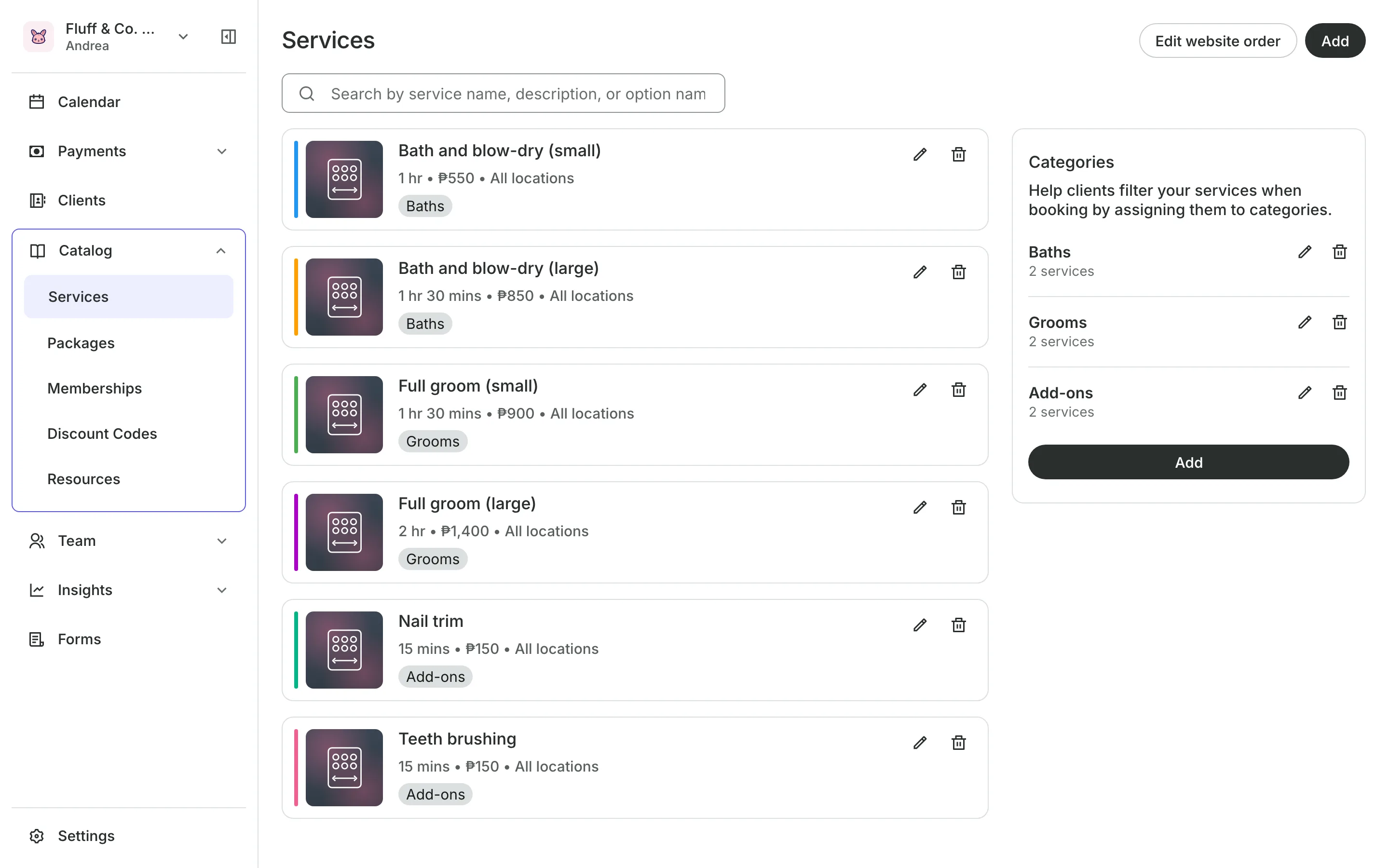 The service menu with each service's price and length