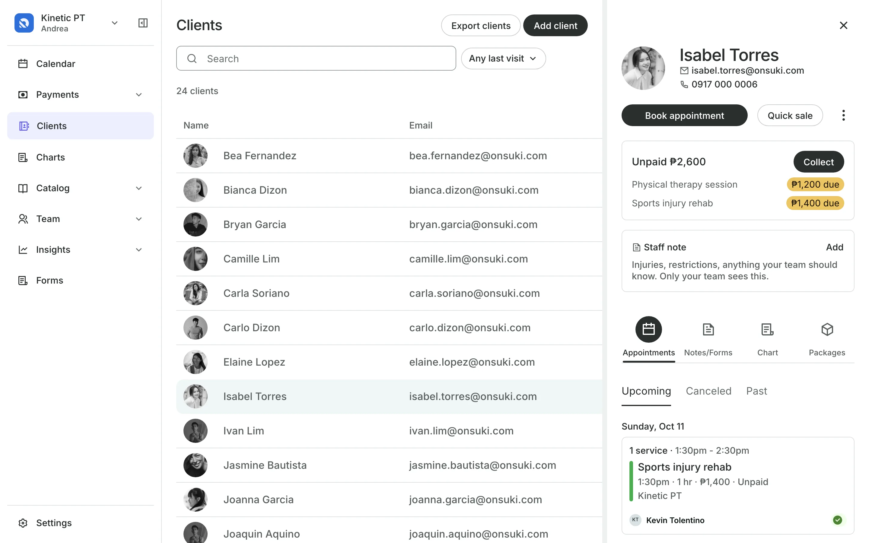 A client's profile: contact details, a staff note and their bookings