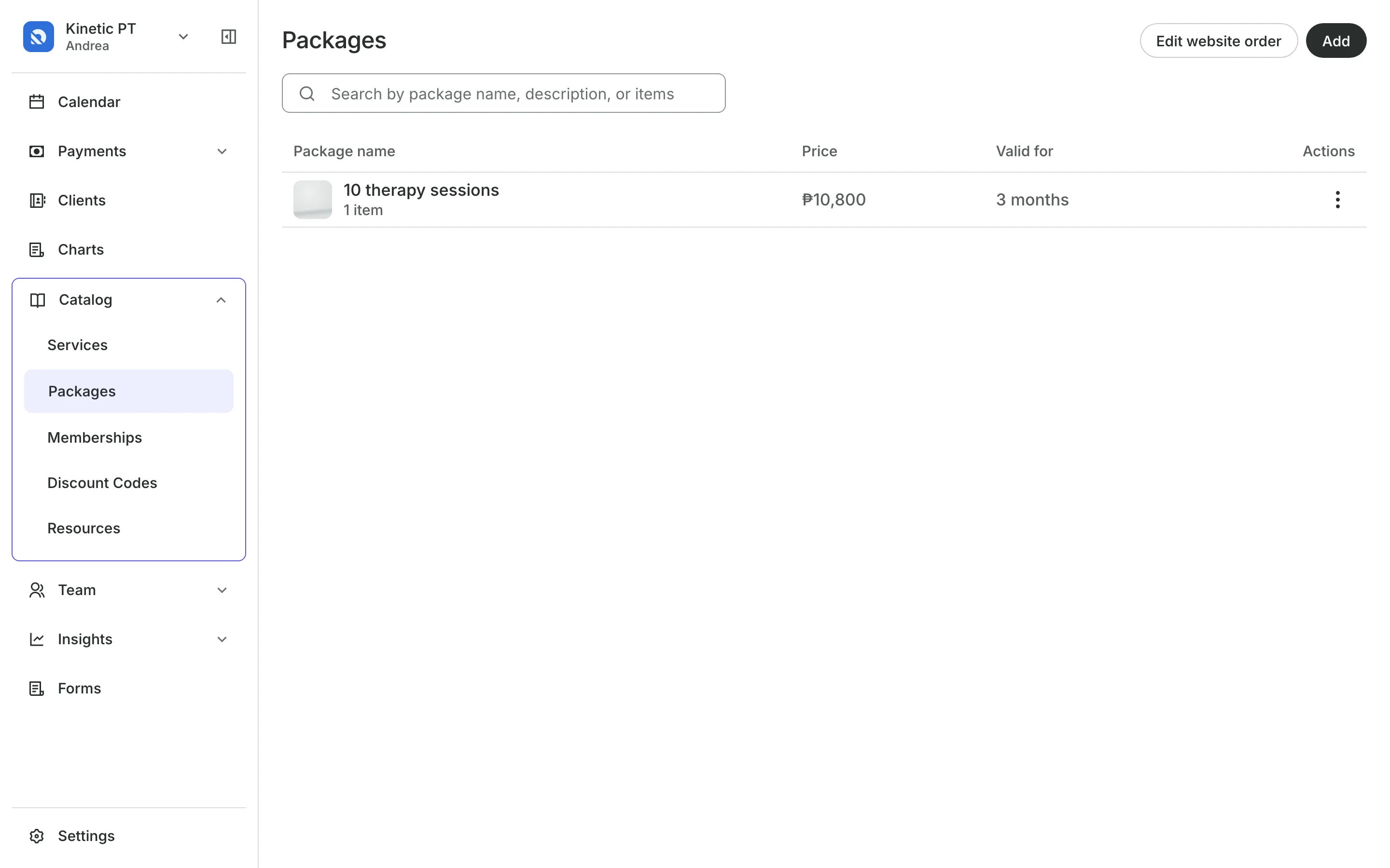 Packages for sale, each with its sessions and price