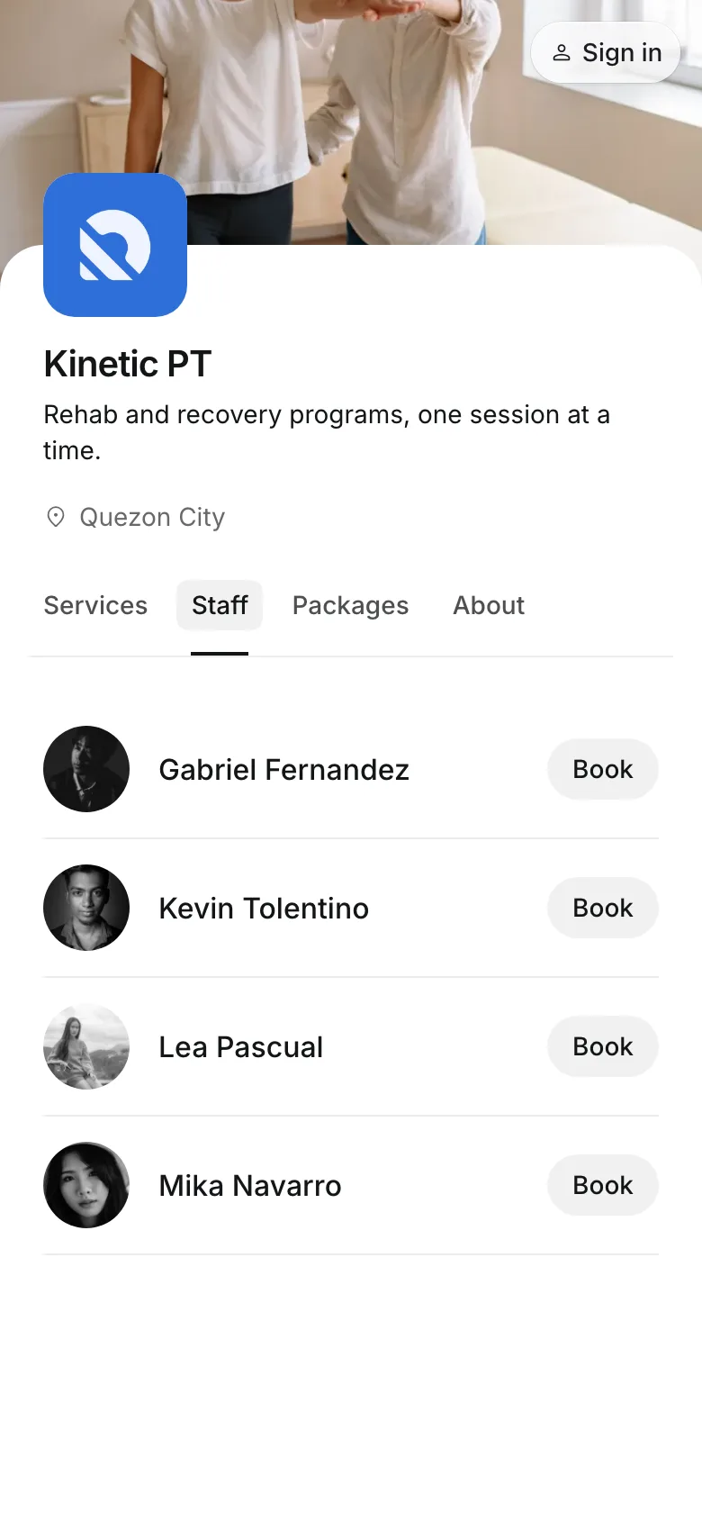 The team on the booking page, on a phone