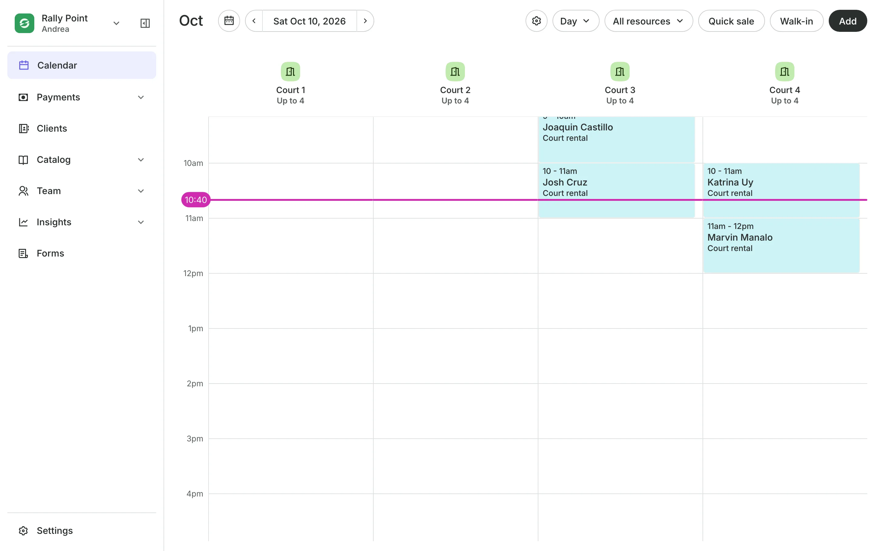The calendar in day view: the team's columns and the day's bookings