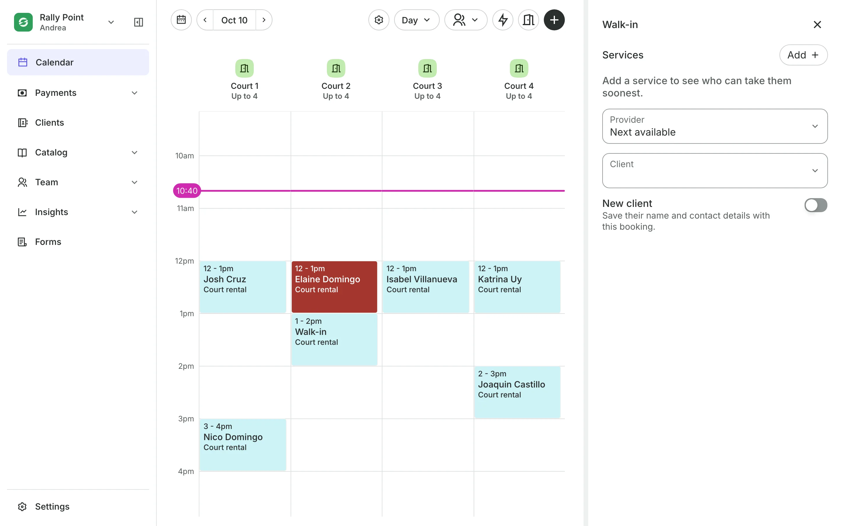Adding a walk-in from the calendar, with each person's next free time