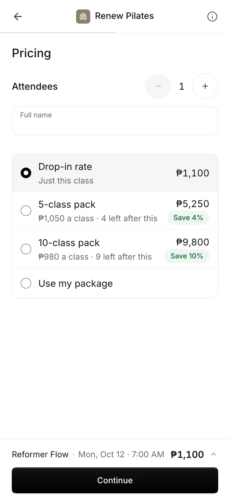 Booking a class on a phone: the spot or the pack, then checkout