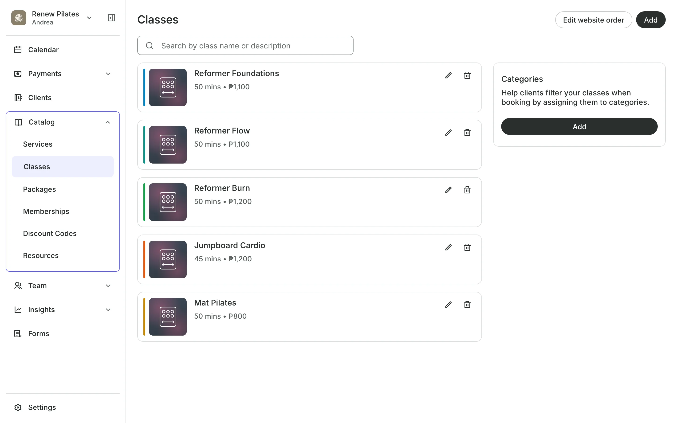 The class list with each class's length and price