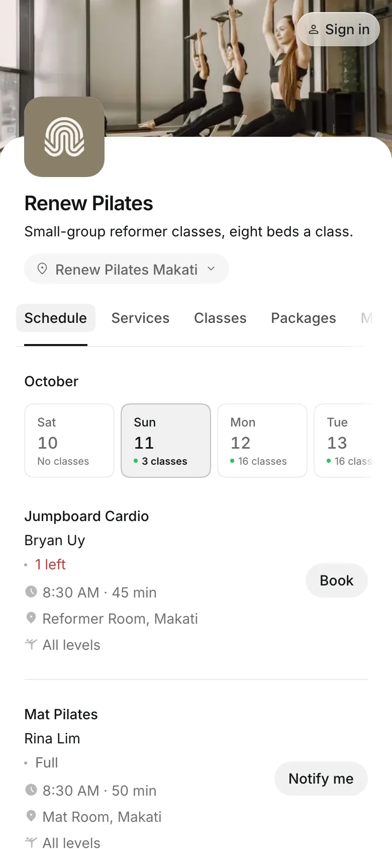 The business's booking page on a phone