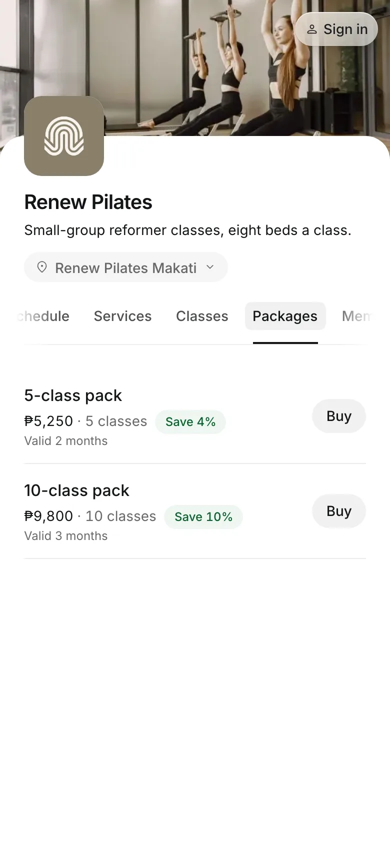 Packages and memberships on the booking page, on a phone