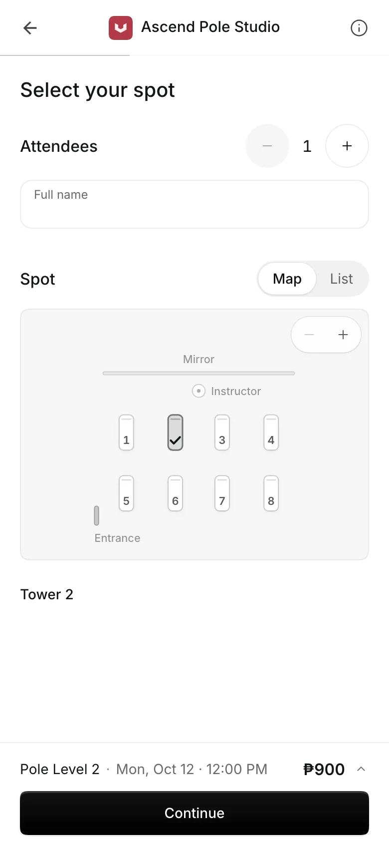 Booking a class on a phone: the spot or the pack, then checkout