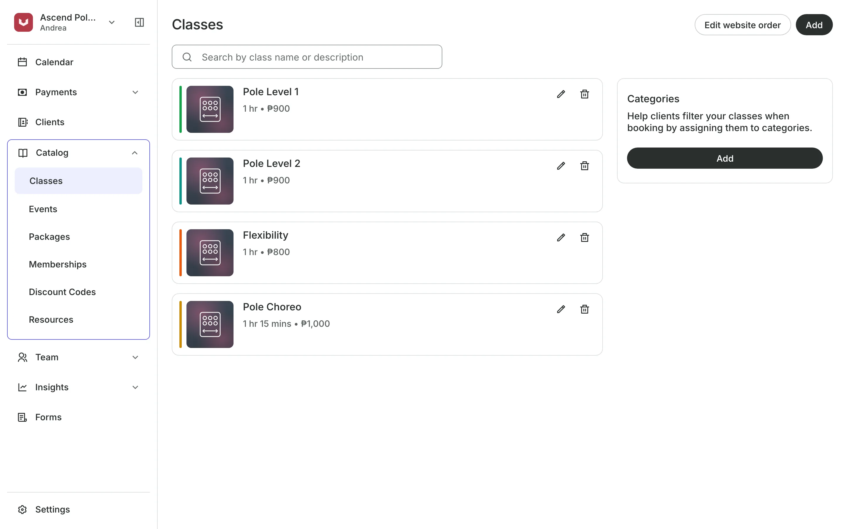 The class list with each class's length and price