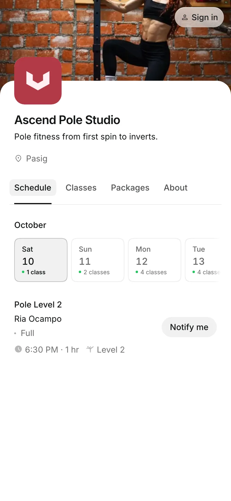 The business's booking page on a phone