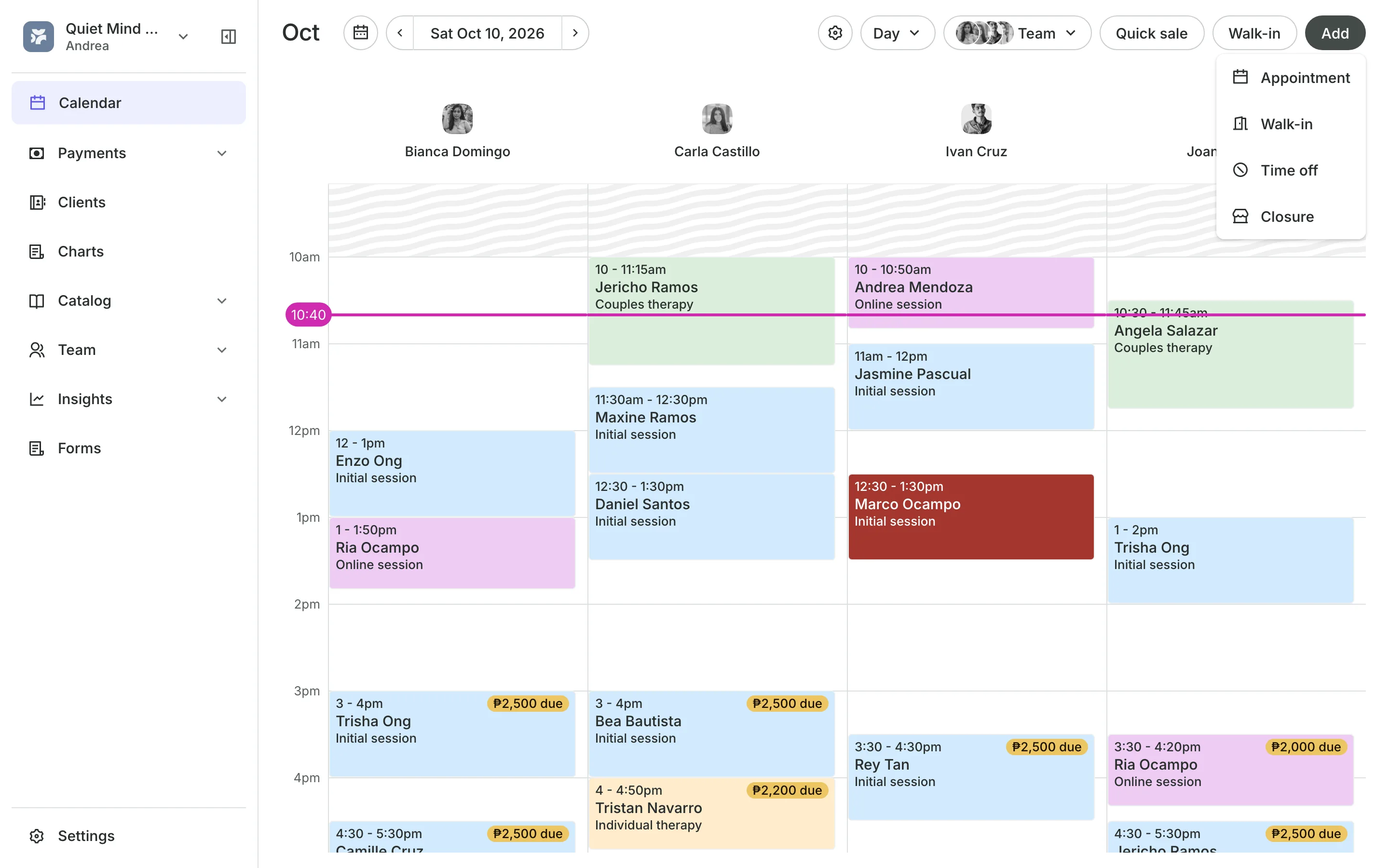 A new booking open on the calendar: the client, the service and the time