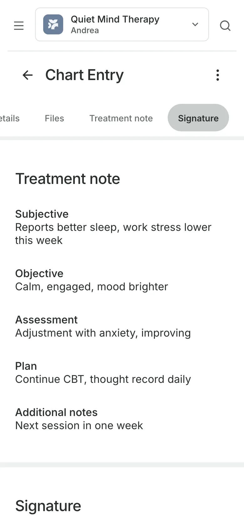 A signed chart entry on a phone: the treatment note, section by section