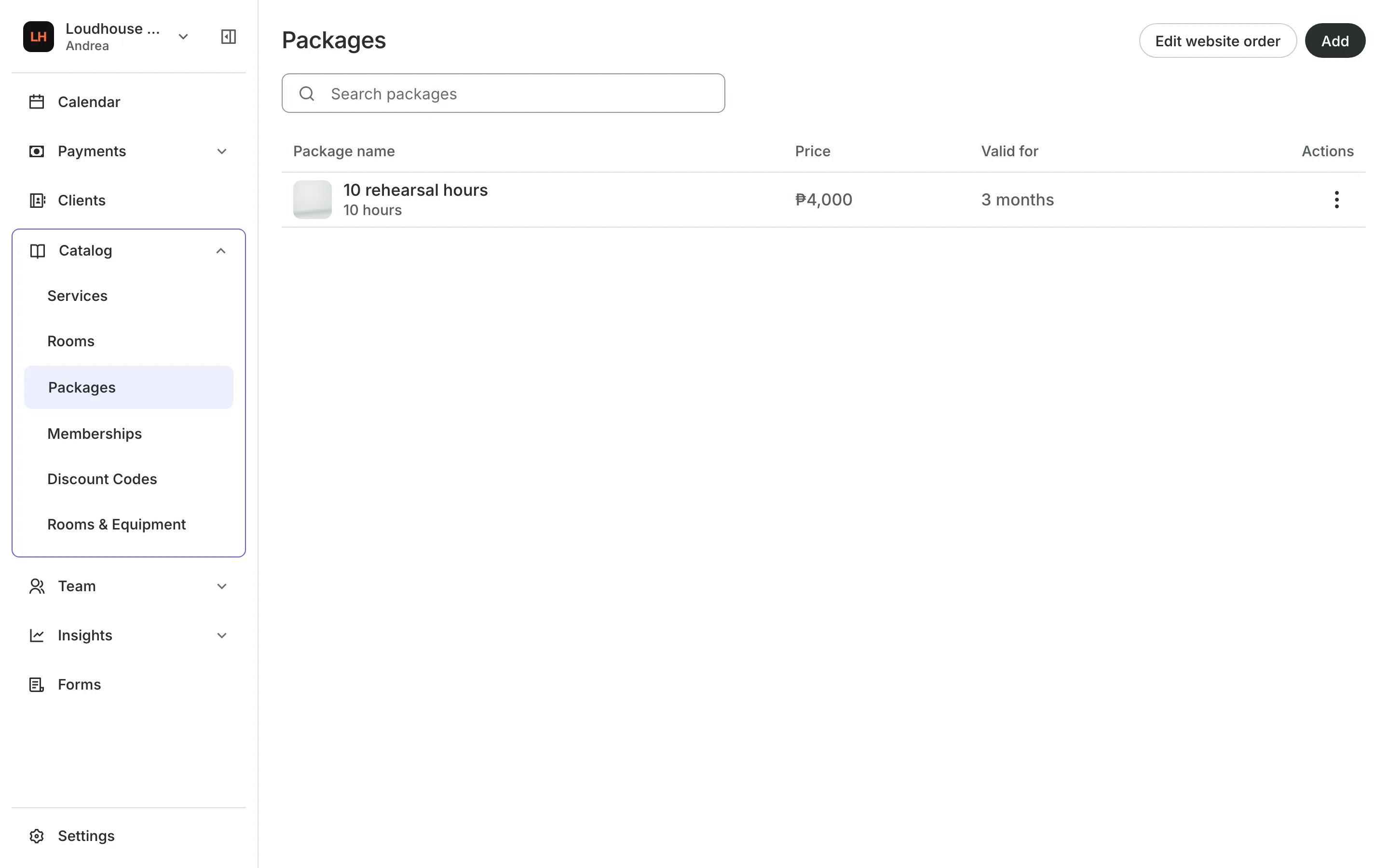 Packages for sale, each with its sessions and price