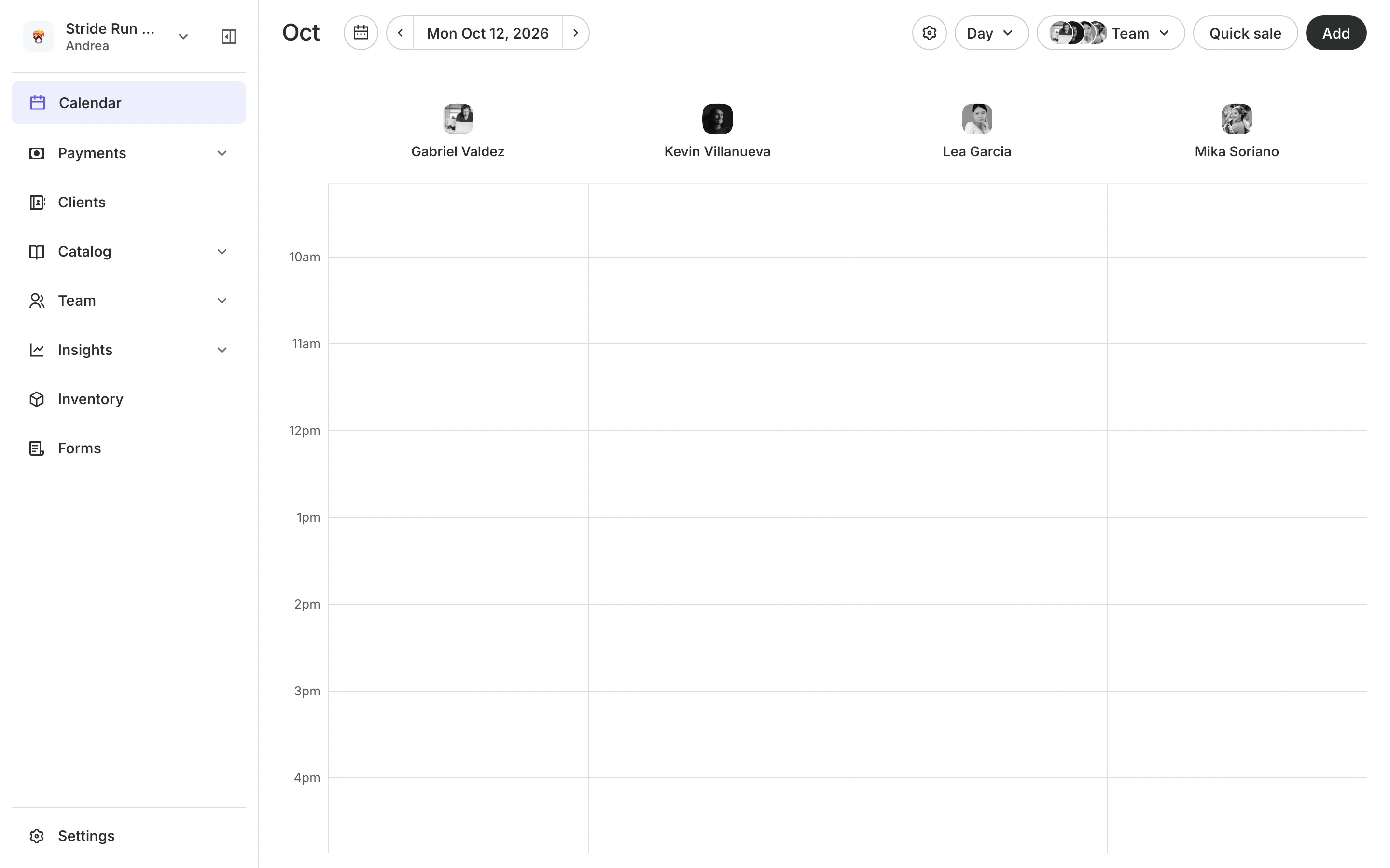 The calendar in day view: the day's classes, each with how many are booked