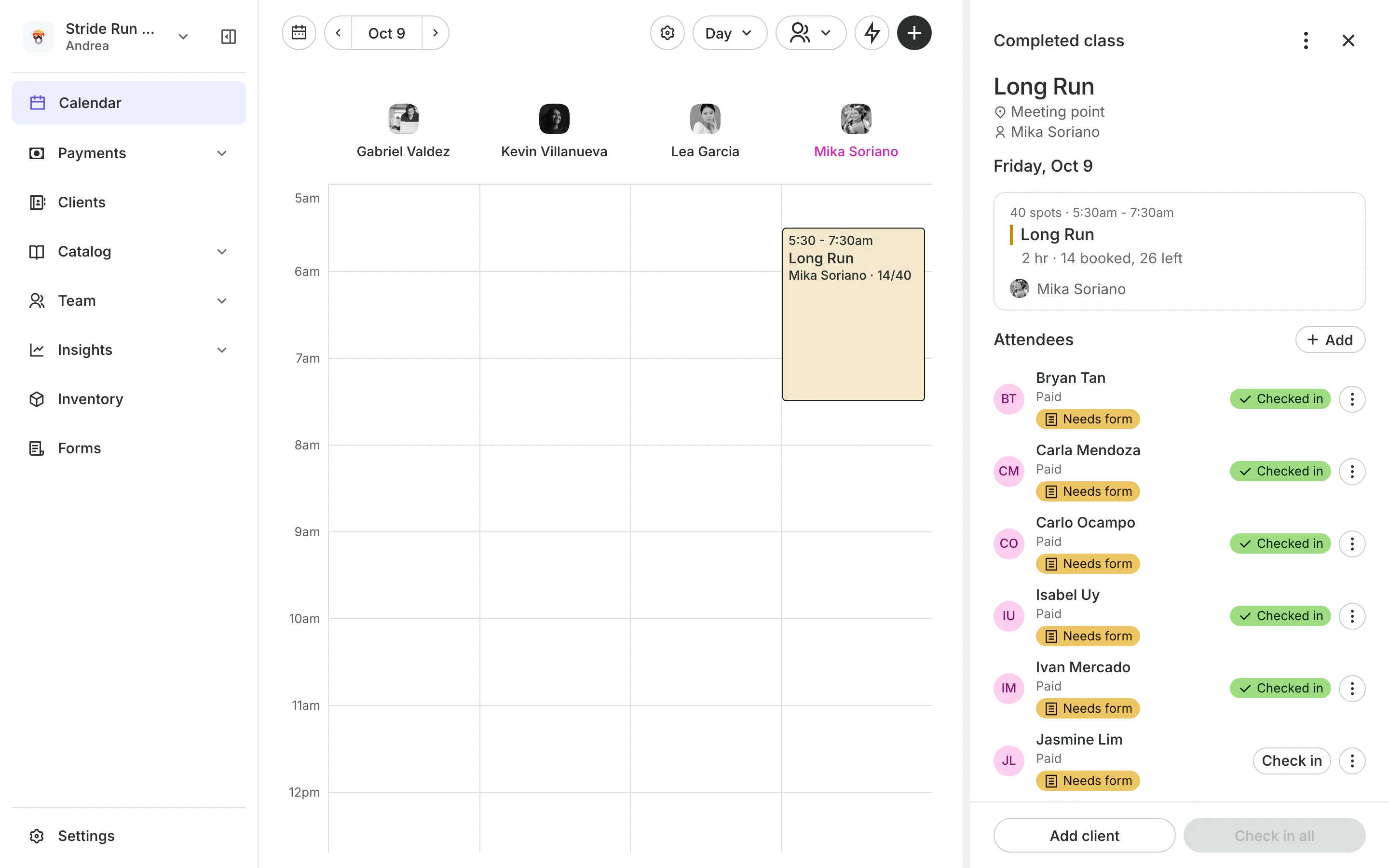 A class open from the calendar: who is booked, how each pays, and Check in all
