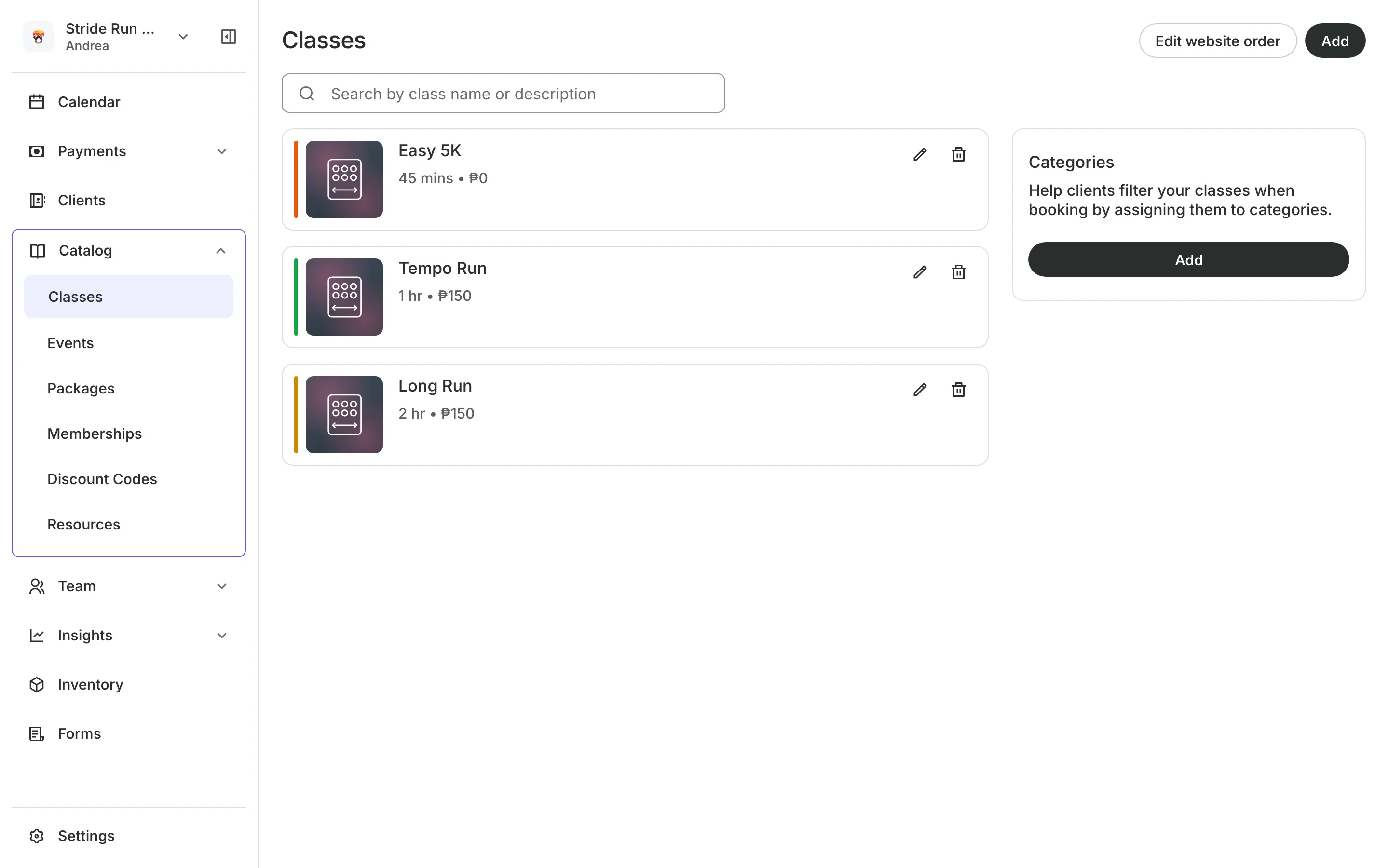 The class list with each class's length and price